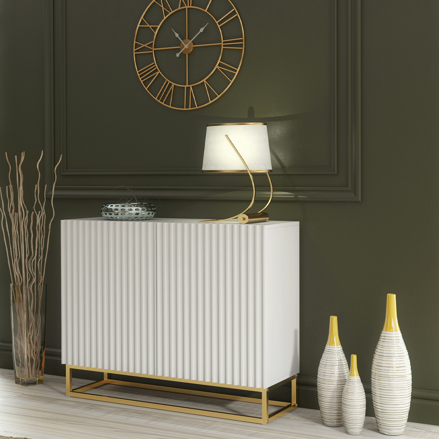 Mex Furniture White/Gold Graceful Sideboard With Fluted Fronts & Legs – 100Cm Storage Unit - 100Cm - Mdf/Chipboard