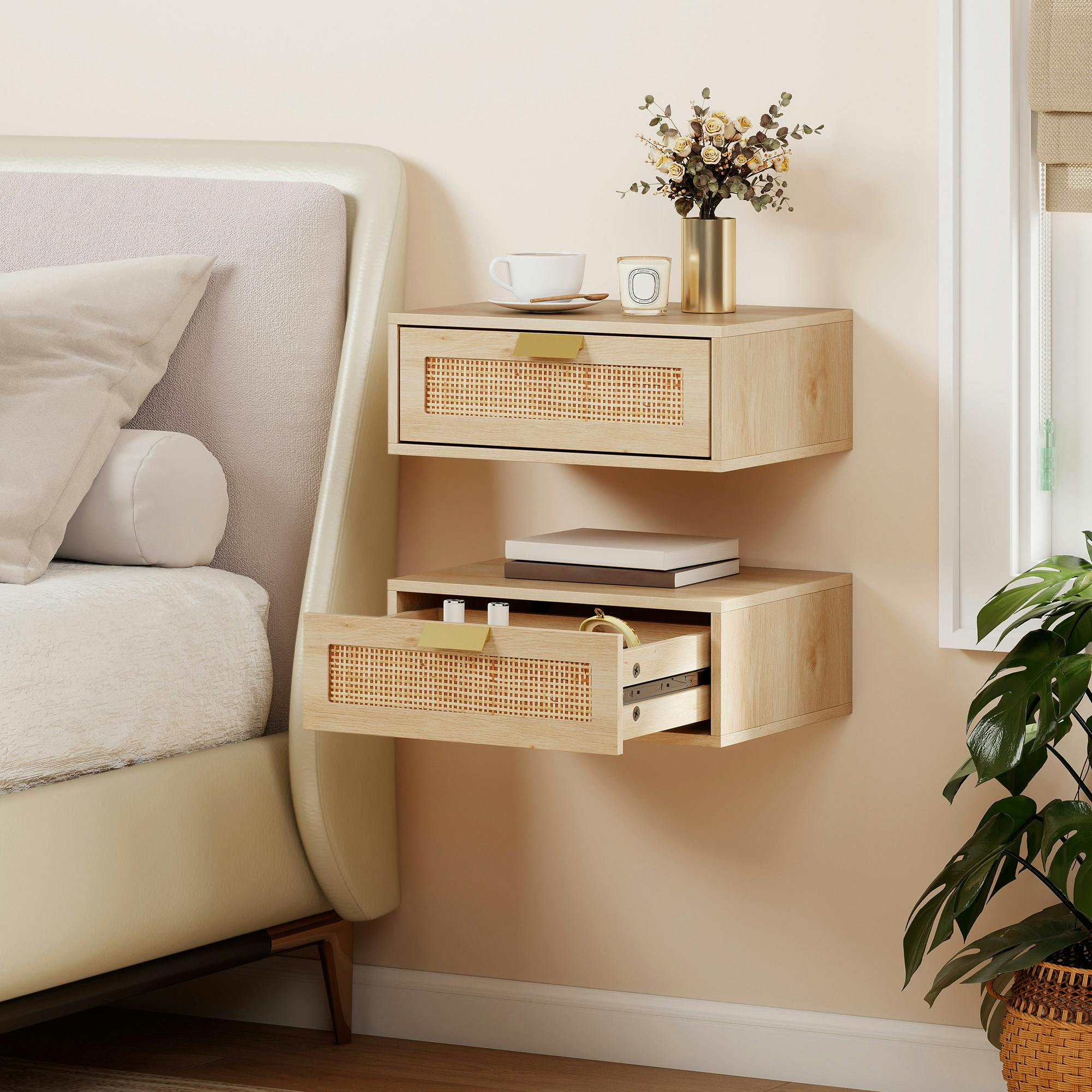 Rackhams Floating Bedside Tables Set Of 2, Boho Nightstands With Rattan Drawer - Oak - 1 - Bohemian