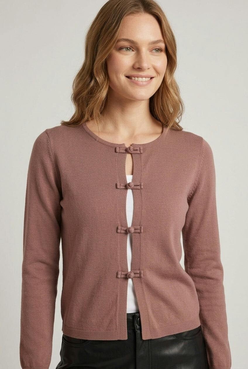 Izabel London Brown Mandarin Button Front Slim Fit Cardigan - 14