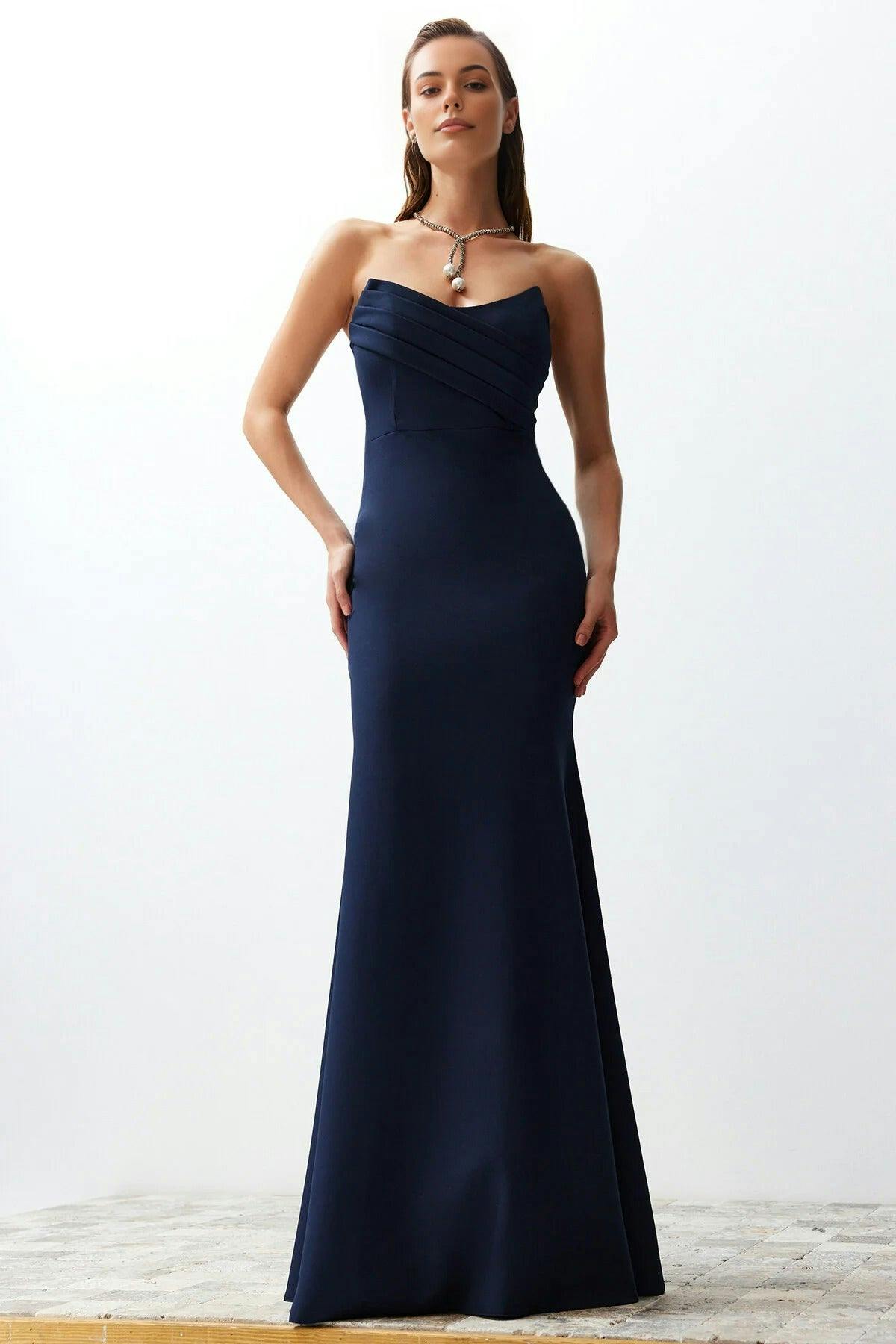 Wovcor Collar Detail Woven Maxi Evening Dress - Navy - 10