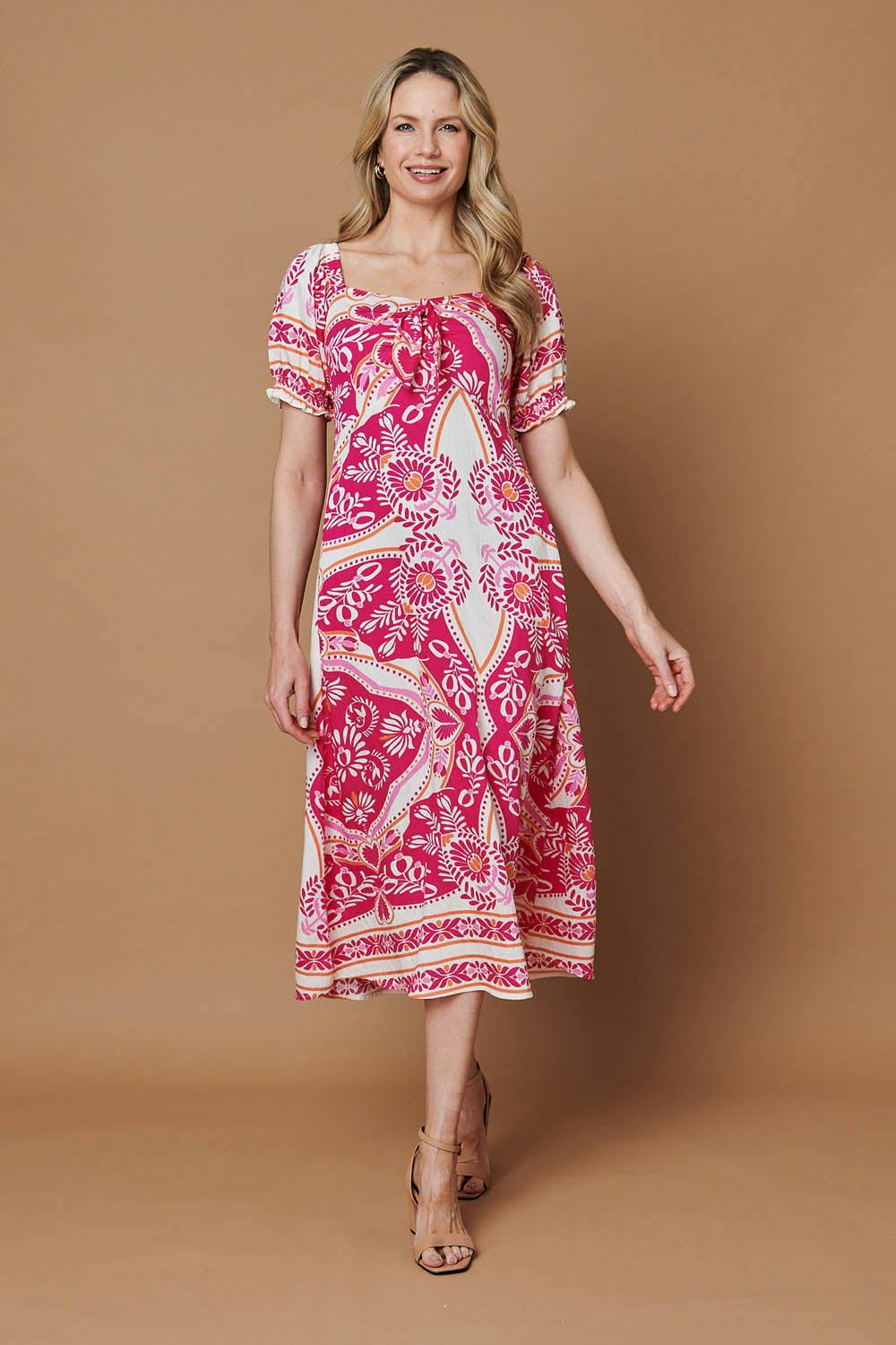 Izabel London Pink Printed A-Line Puff Sleeve Midi Dress - 18