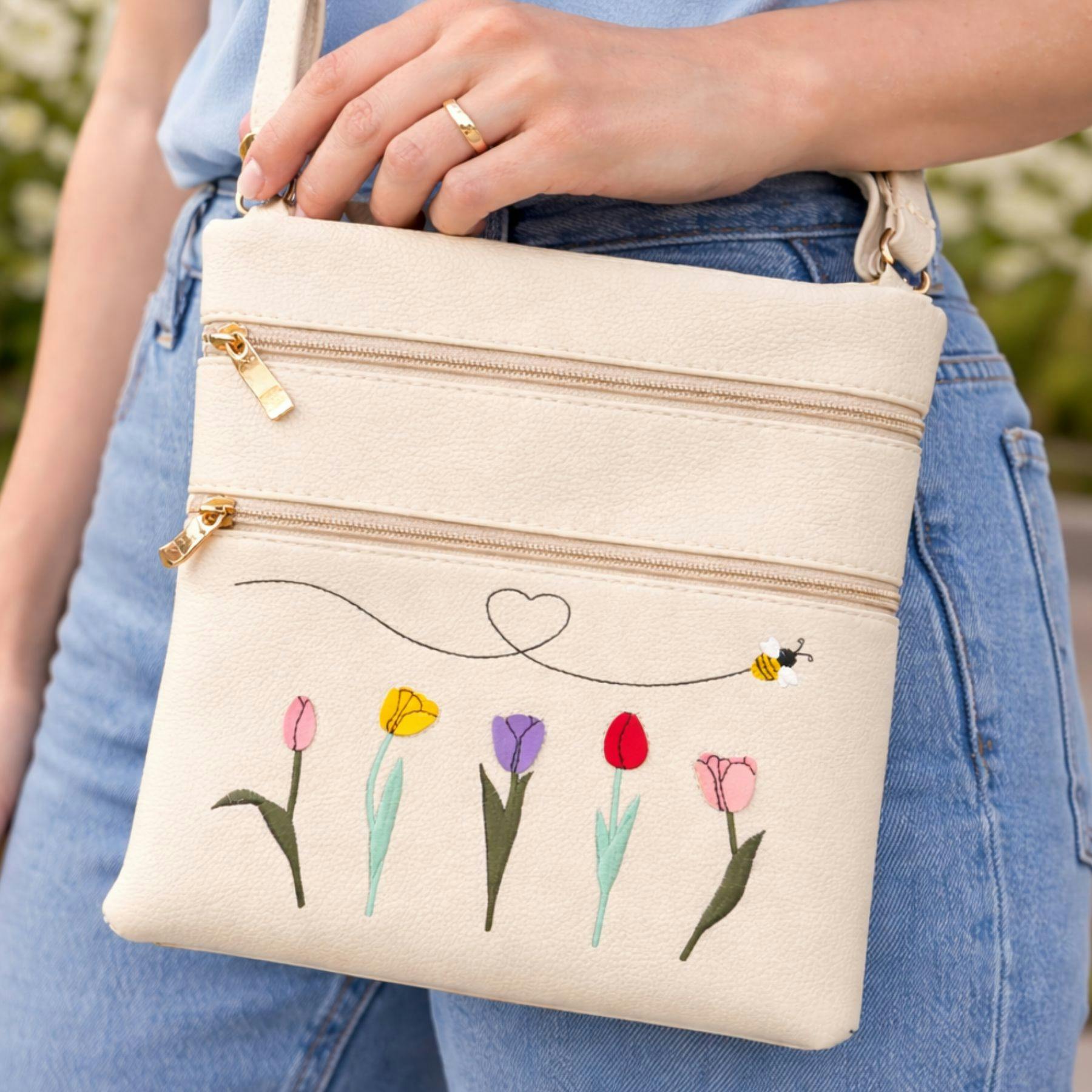 Fores Collection Cream Tulip & Bee Embroidered Crossbody Bag With Adjustable Strap