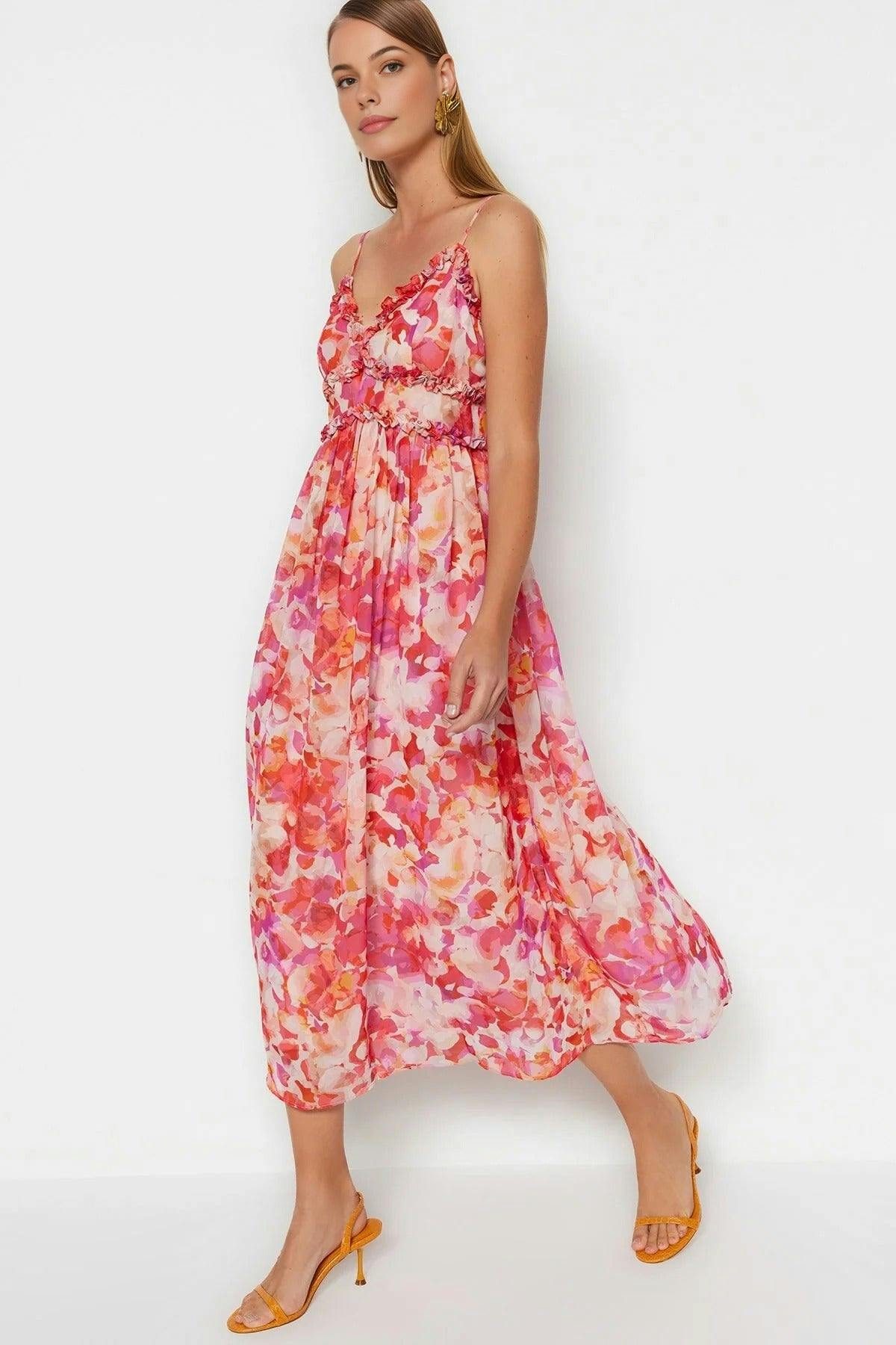 Wovcor Floral Patterned A-Line Lined Maxi Woven Dress With Ruffle Detail - Multi - 6