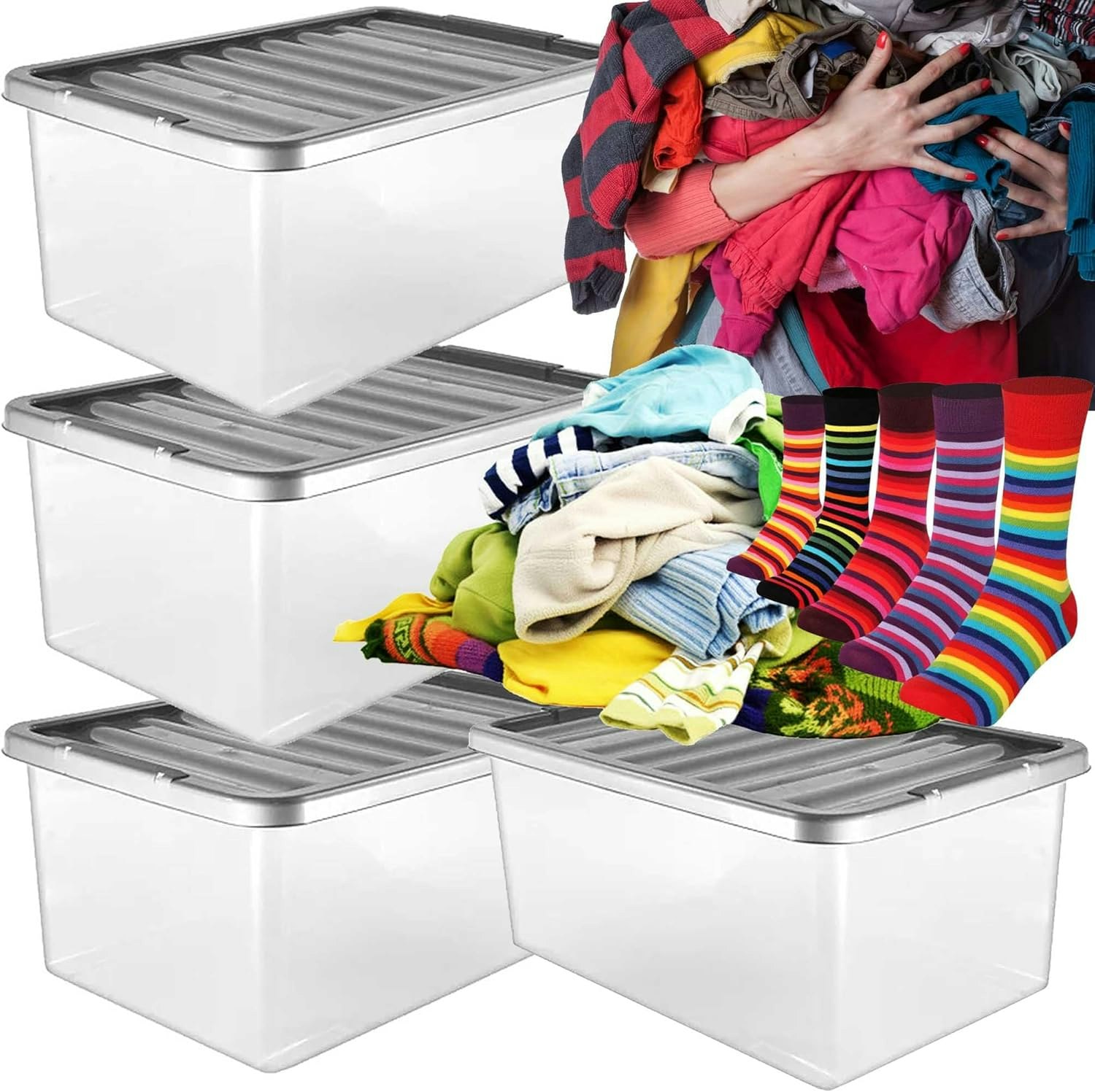 Rackhams Silver 4 X 32 Litre Underbed Multipurpose Storage Boxes With Lids