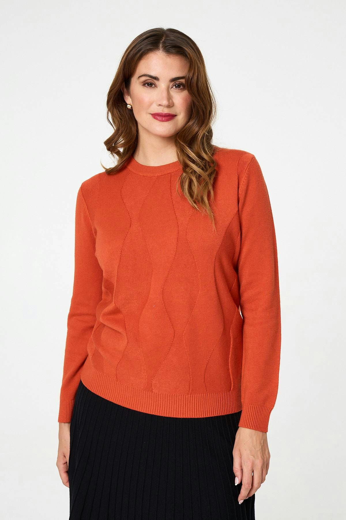 Izabel London Orange Textured Long Sleeve Slim Knit Jumper - M