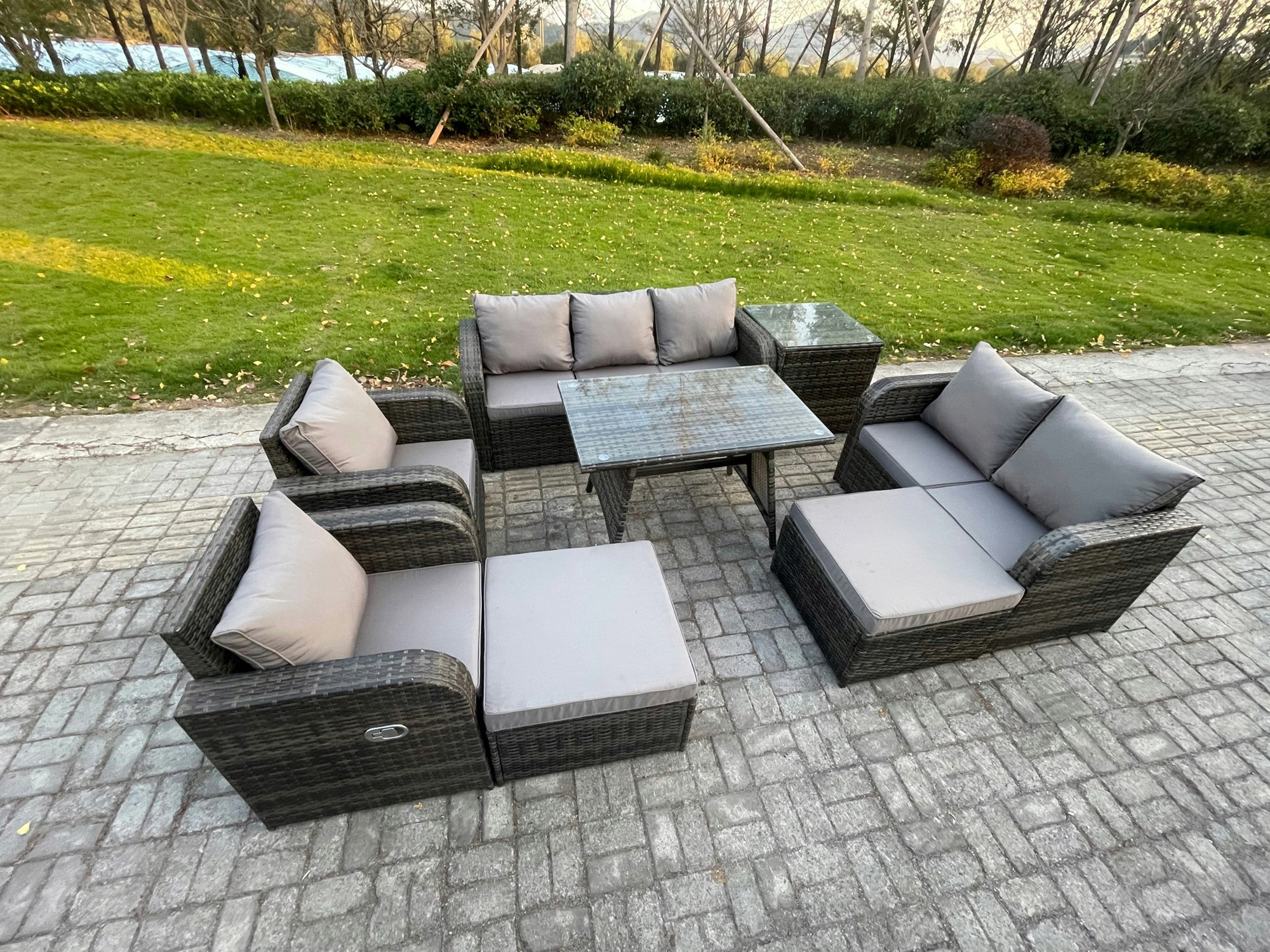 Rackhams Dark/Grey Outdoor Rattan Garden Furniture Set 9 Seater Patio Lounge Sofa Set With Dining Table 2 Big Footstool Side Table Mixed
