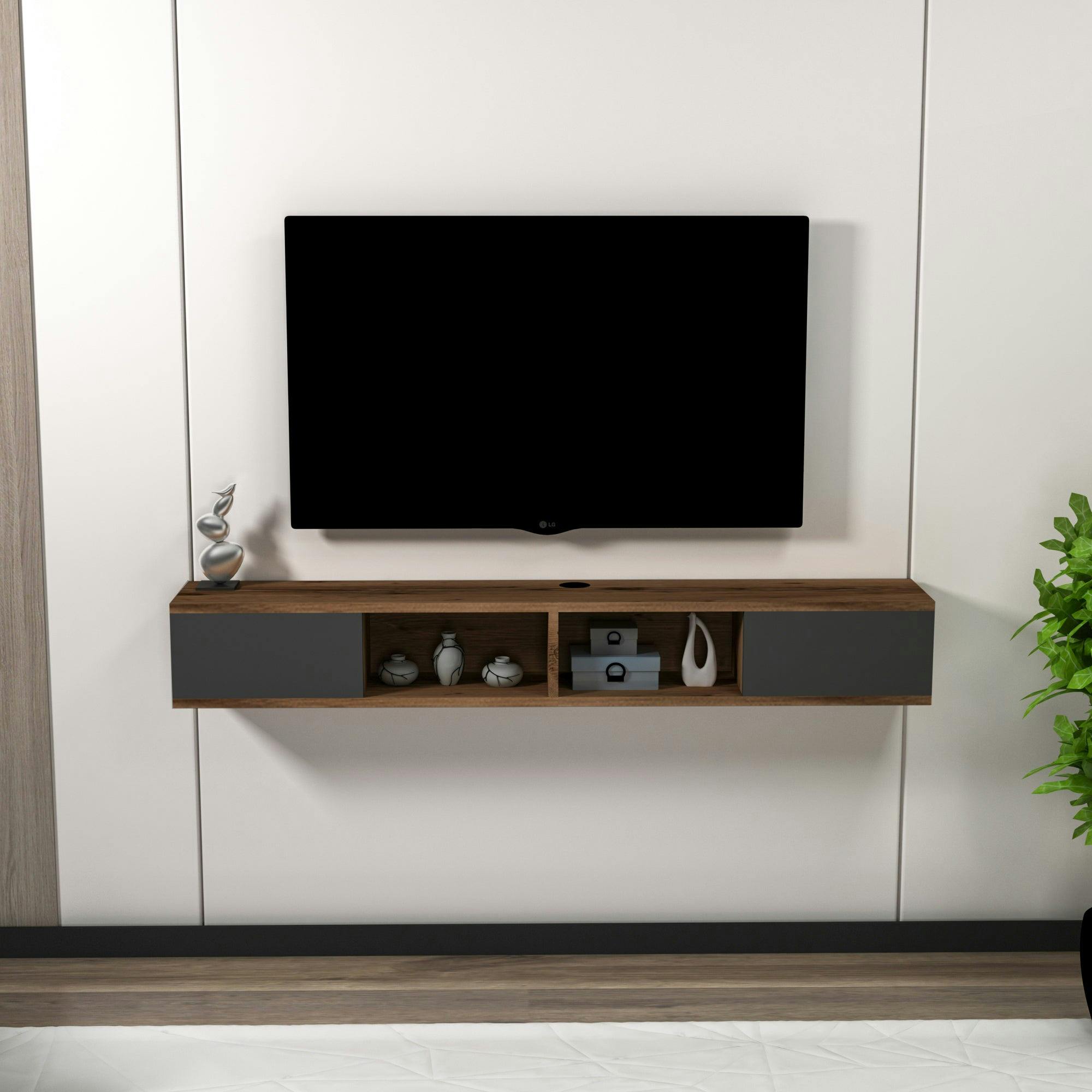 Destina Home Light/Anthracite Floating Tv Stand With Shelves And Cabinets Colin - Walnut &