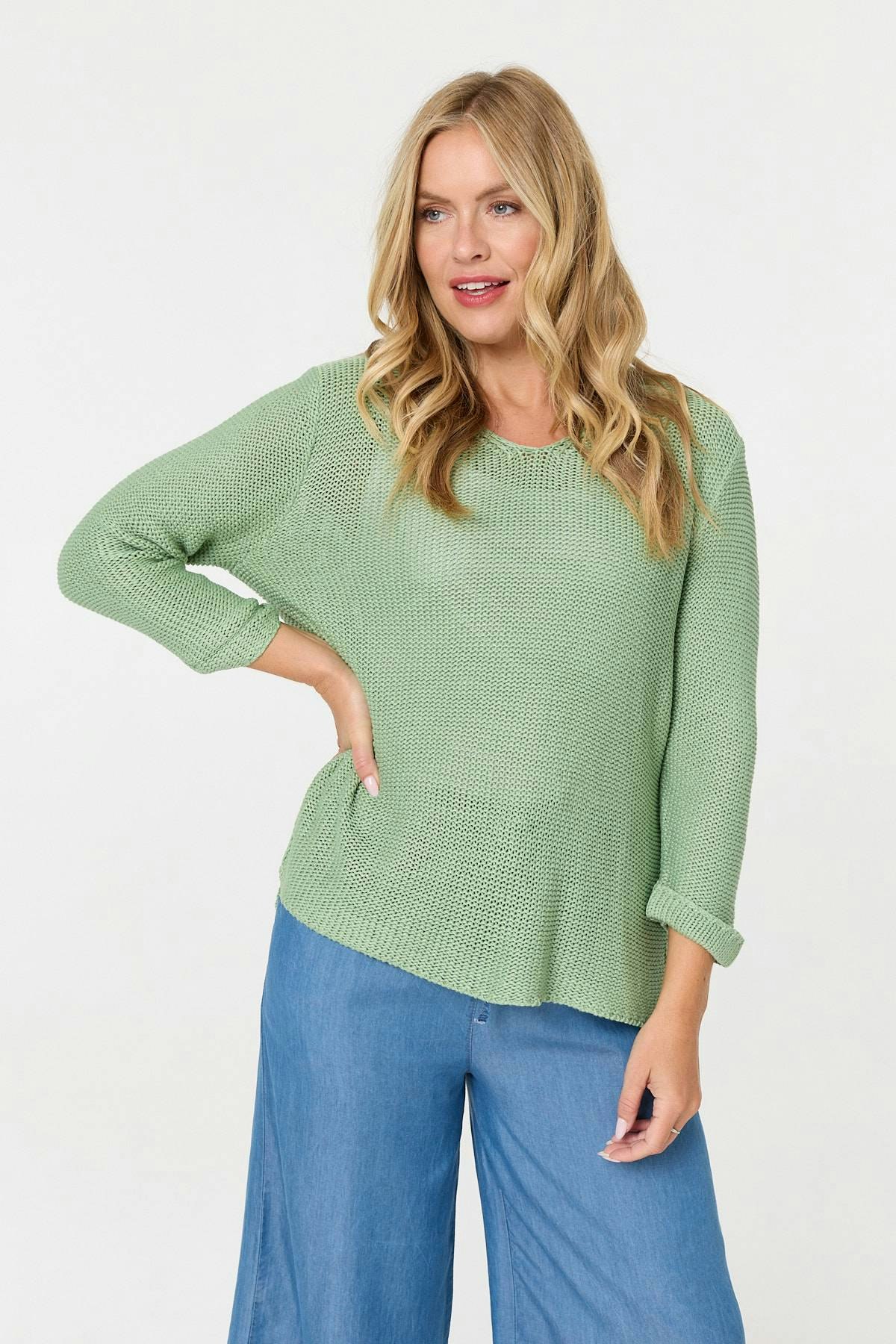 Izabel London Light Mesh Texture 3/4 Sleeve Relaxed Top - 12/14 - Sage