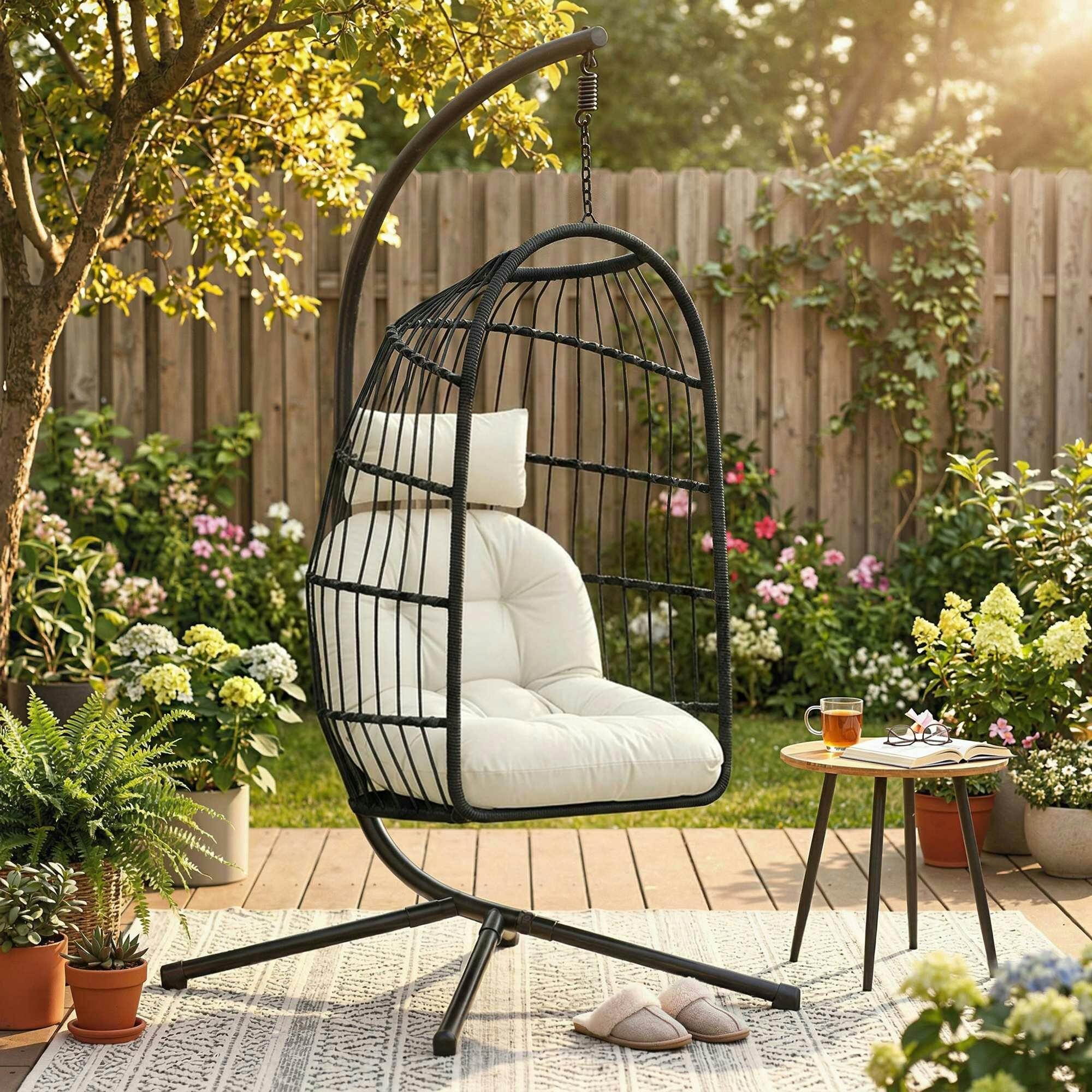 Outsunny Black/Cream Hanging Egg Chair, Outdoor Swing Chair With Stand, - Metal, Pe Rattan, Cotton, Polyester, Pp Cotton - 101 X 105 X 196 Cm - Hanging Egg Chair - Image 2