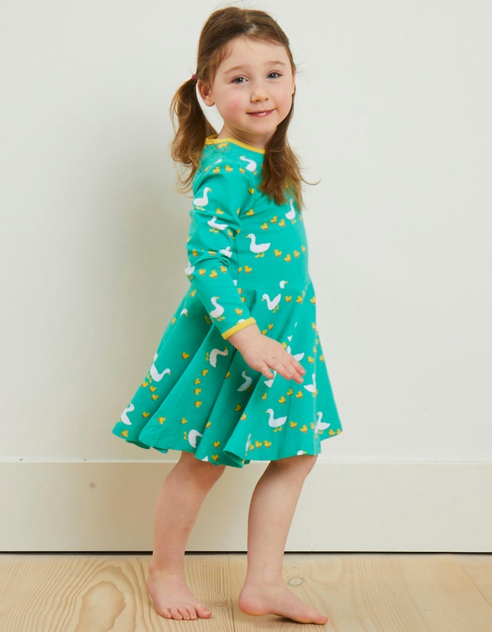 Toby Tiger Green/Yellow Organic Duck Print Skater Dress - 7-8Y / 128