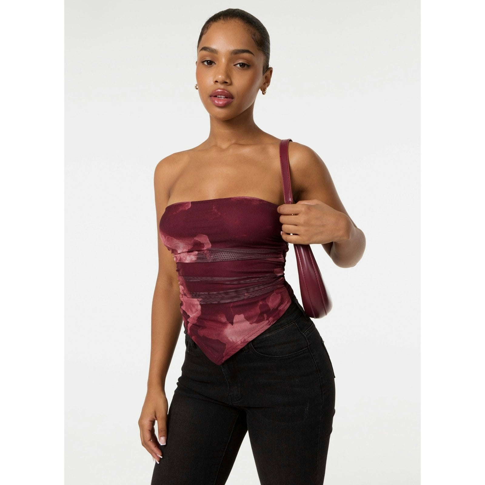 Pink Vanilla Smoke Print Ruched Bandeau Top - L - Wine