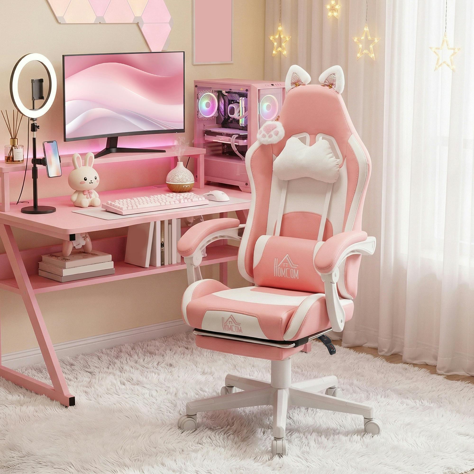 Rackhams Pink Gaming Chair With Footrest, Reclining Computer Chair,