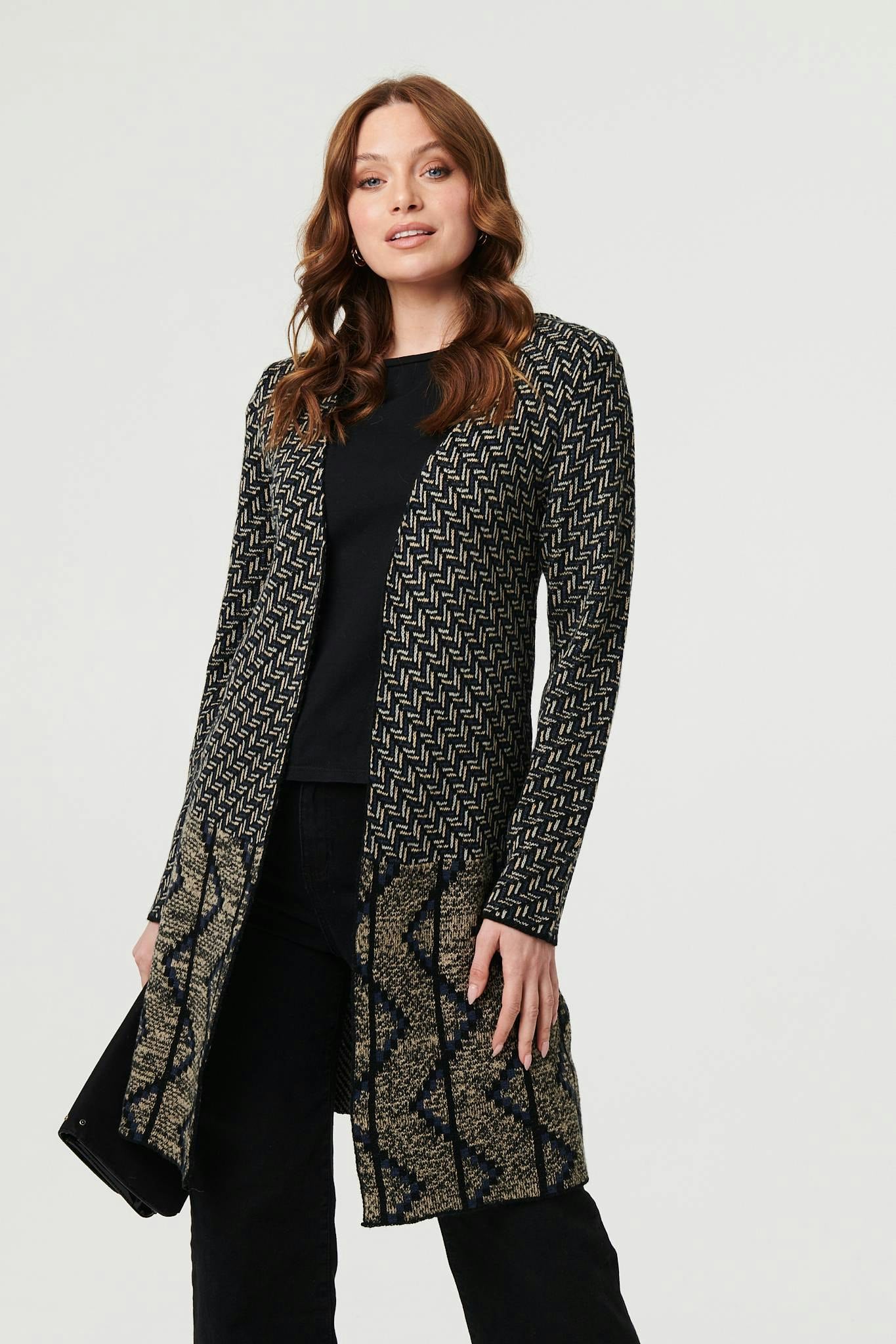 Izabel London Geo Print Longline Open Front Jacket - S - Navy