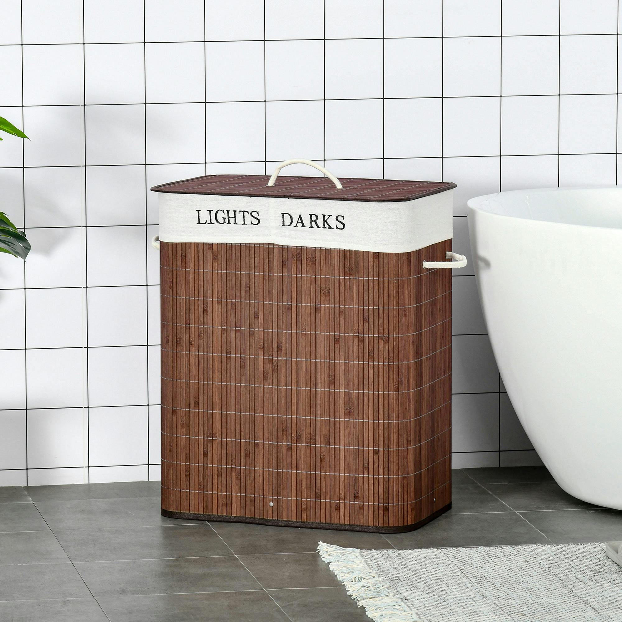 HOMCOM 100L Laundry Basket with Lid, String Handles, 2 Section Hamper Brown | Collapsible, Removable Lining, Foldable, Water-Resistant, Dirty Clothes Storage - Image 4