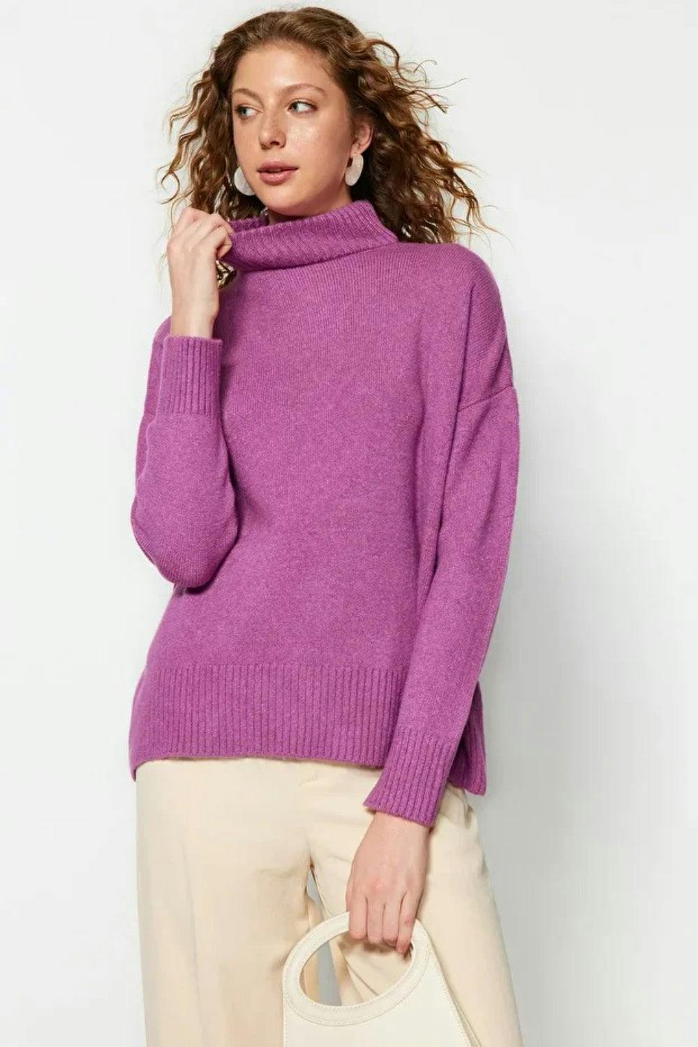 Hoxton Gal Purple Relaxed Fit Soft-Texture Knit Sweater - M