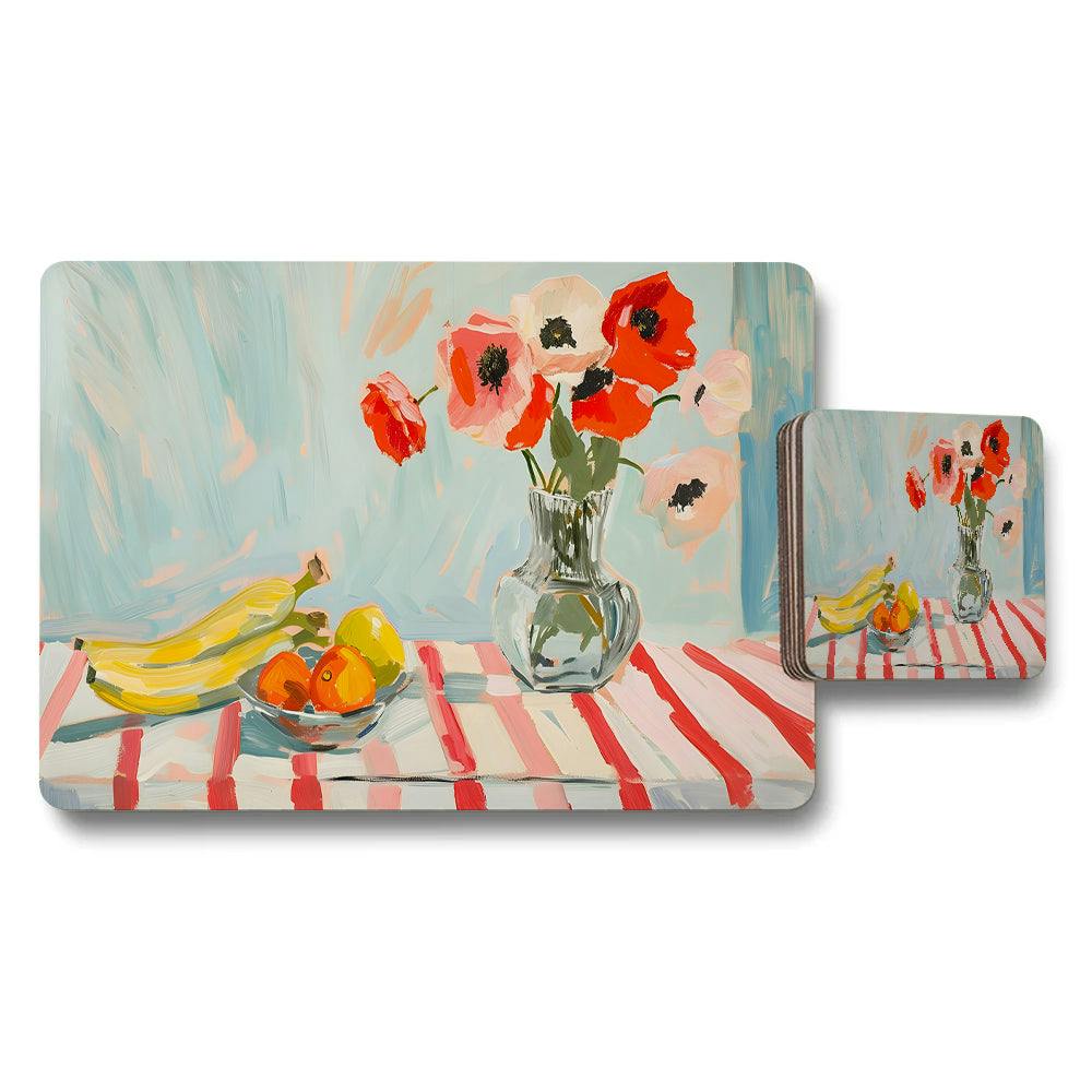 Rackhams Red/Pink/Blue Floral Still Life Placemat And Coaster Set With Vase Of Poppies