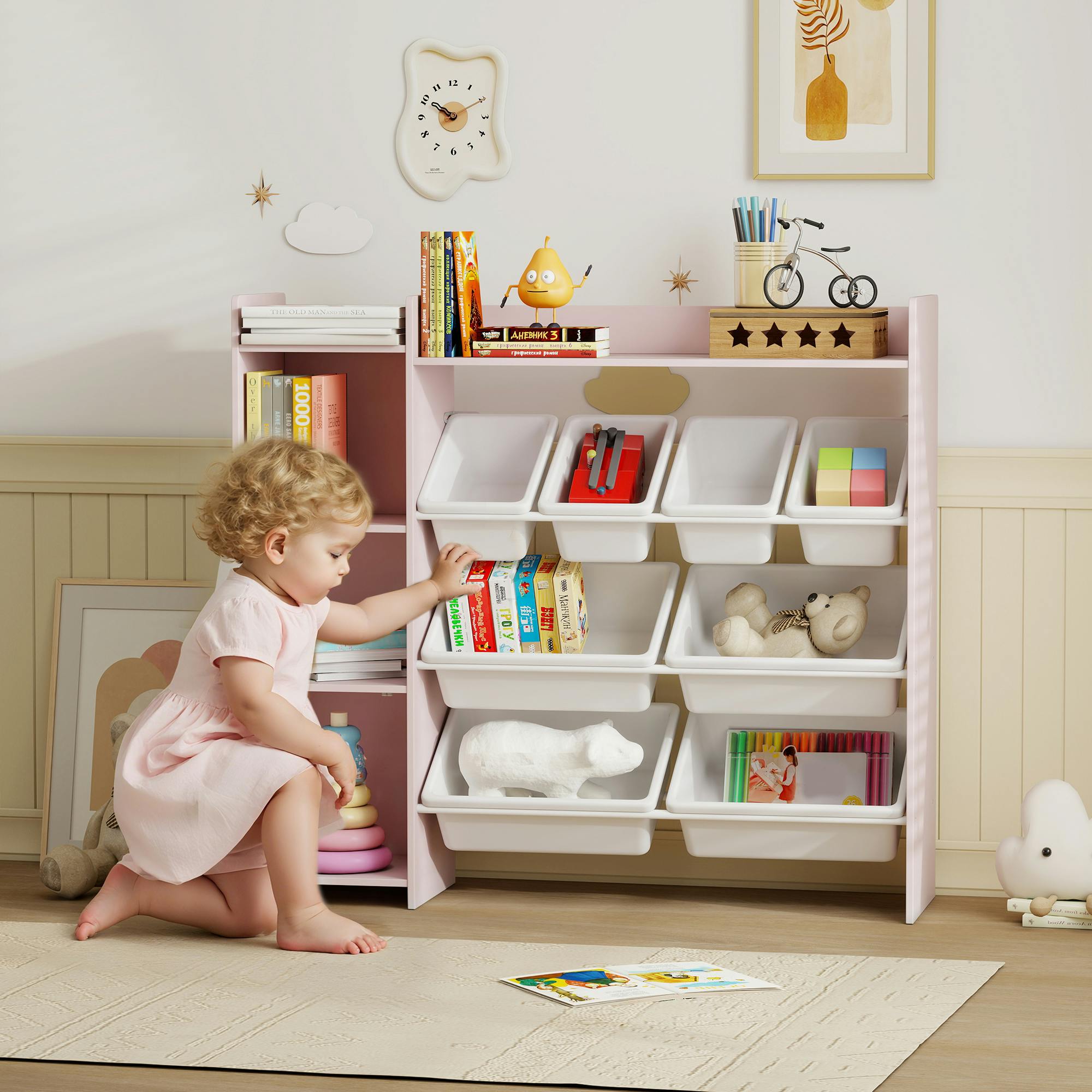Rackhams Pink Toy Storage Unit With 8 Removable Bins, Storage Shelves, Cabinet - 1