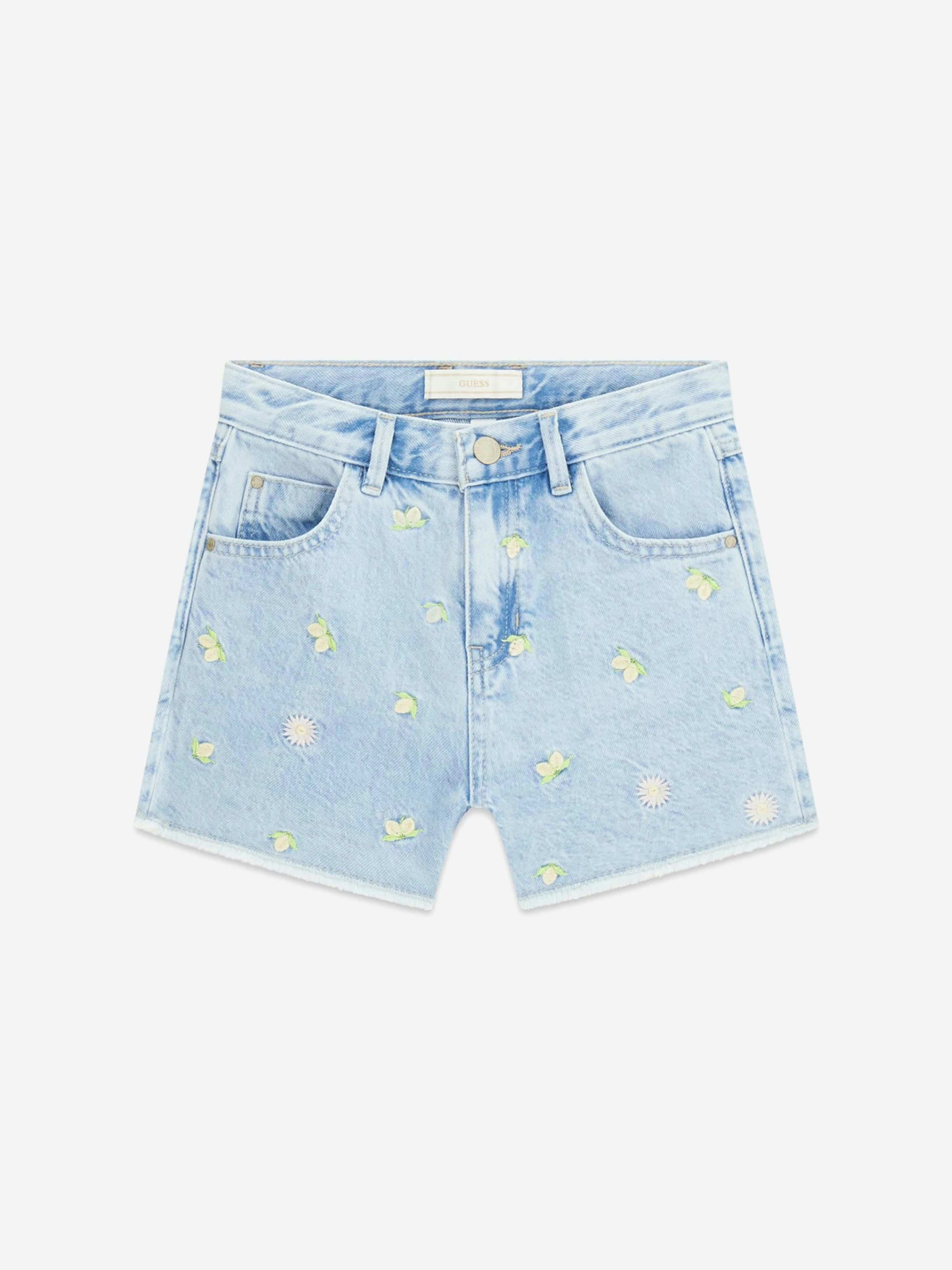Guess Girls Blue Embroidered Lemon Denim Shorts In - 12 Yrs