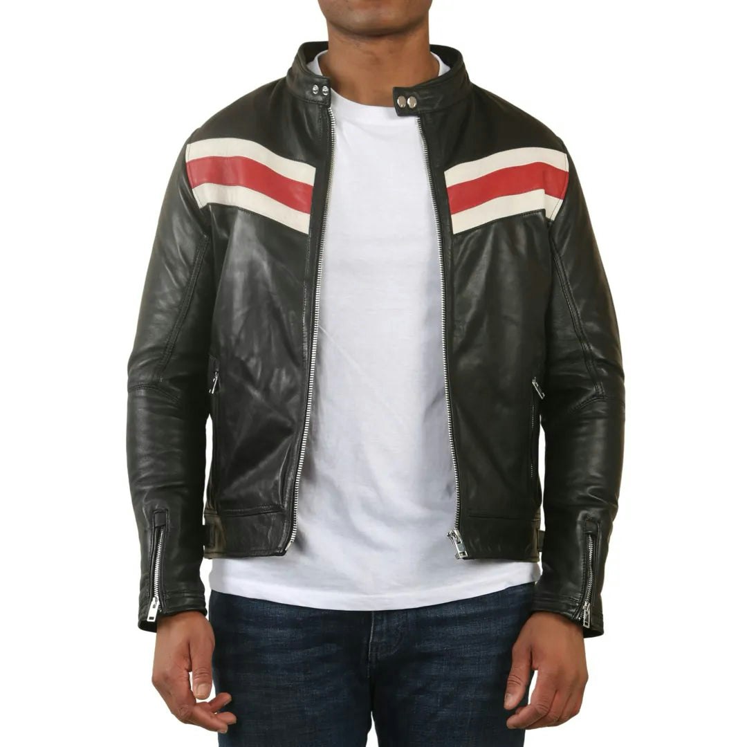 Infinity Leather Men's Black/Red Racer Striped Biker Leather Jacket - 4XL
