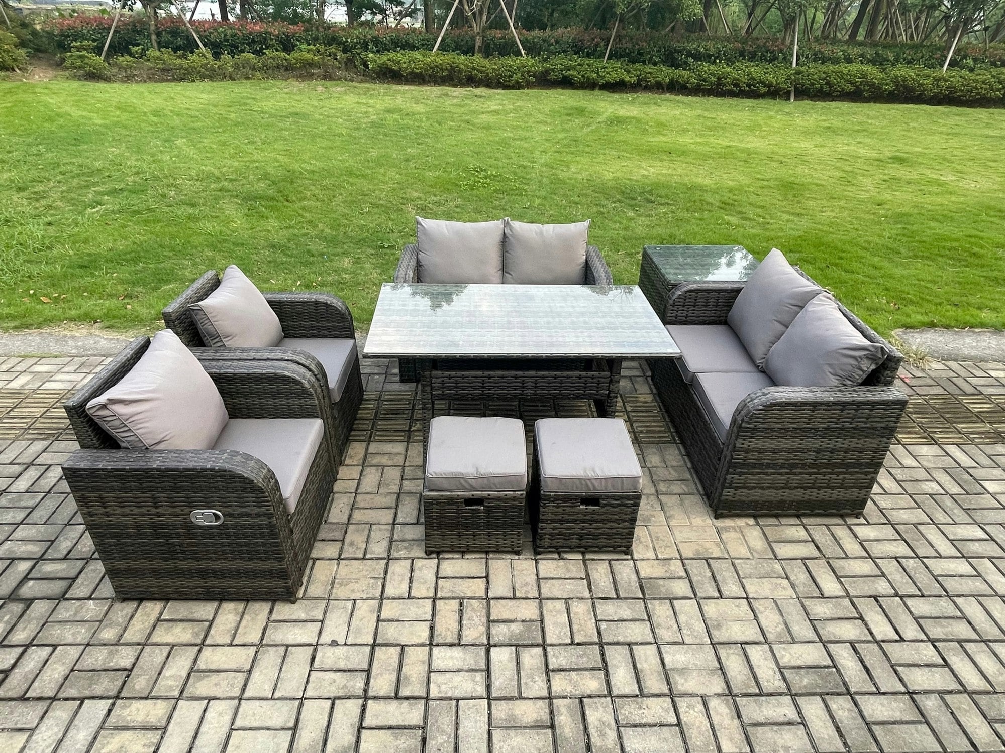 Rackhams Dark/Grey Rattan Outdoor Furniture Garden Dining Set Rectangular Table And Chair Sofa Set With Side Table 2 Small Footstools Mixed