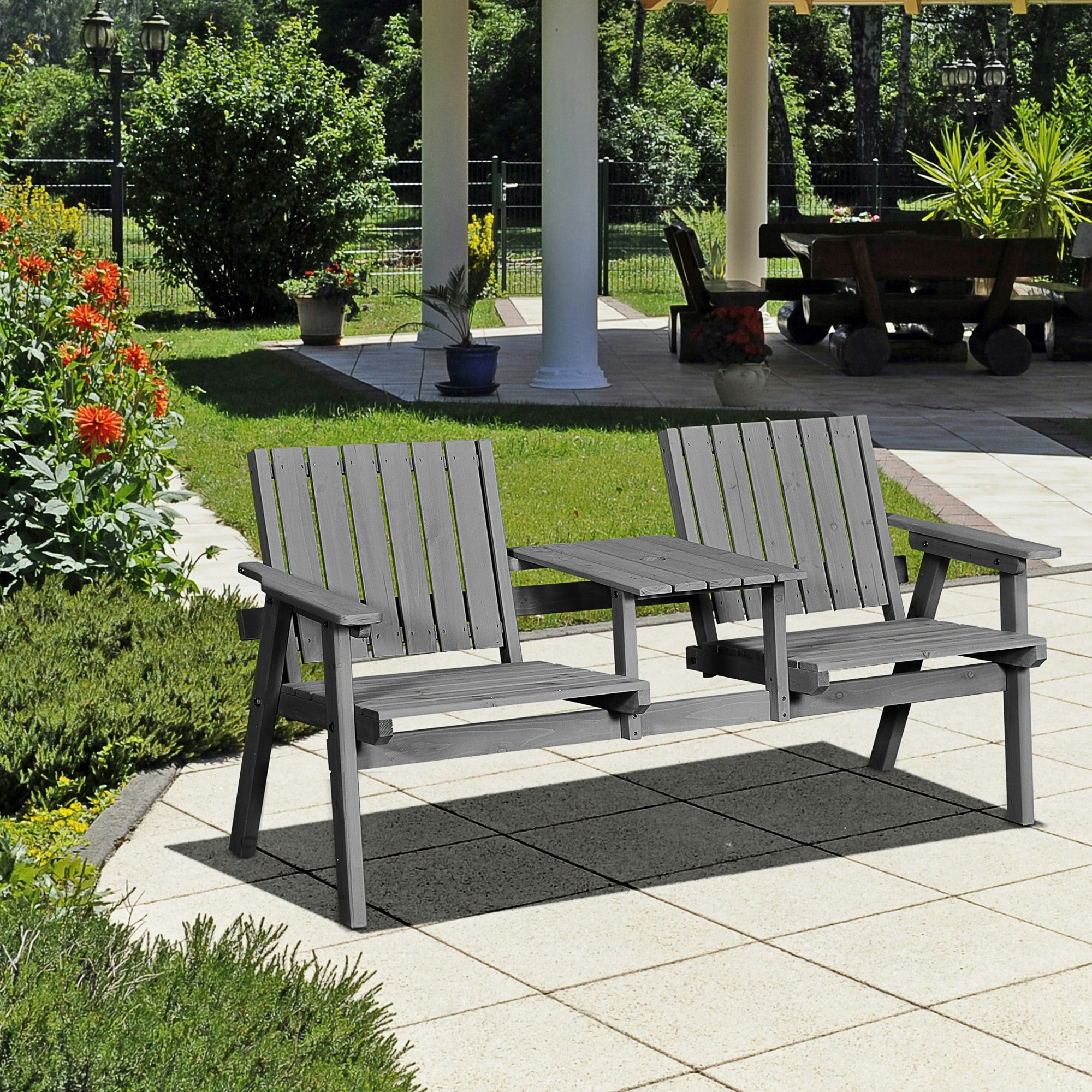 Rackhams Grey 2-Seater Wooden Garden Bench With Armrest,