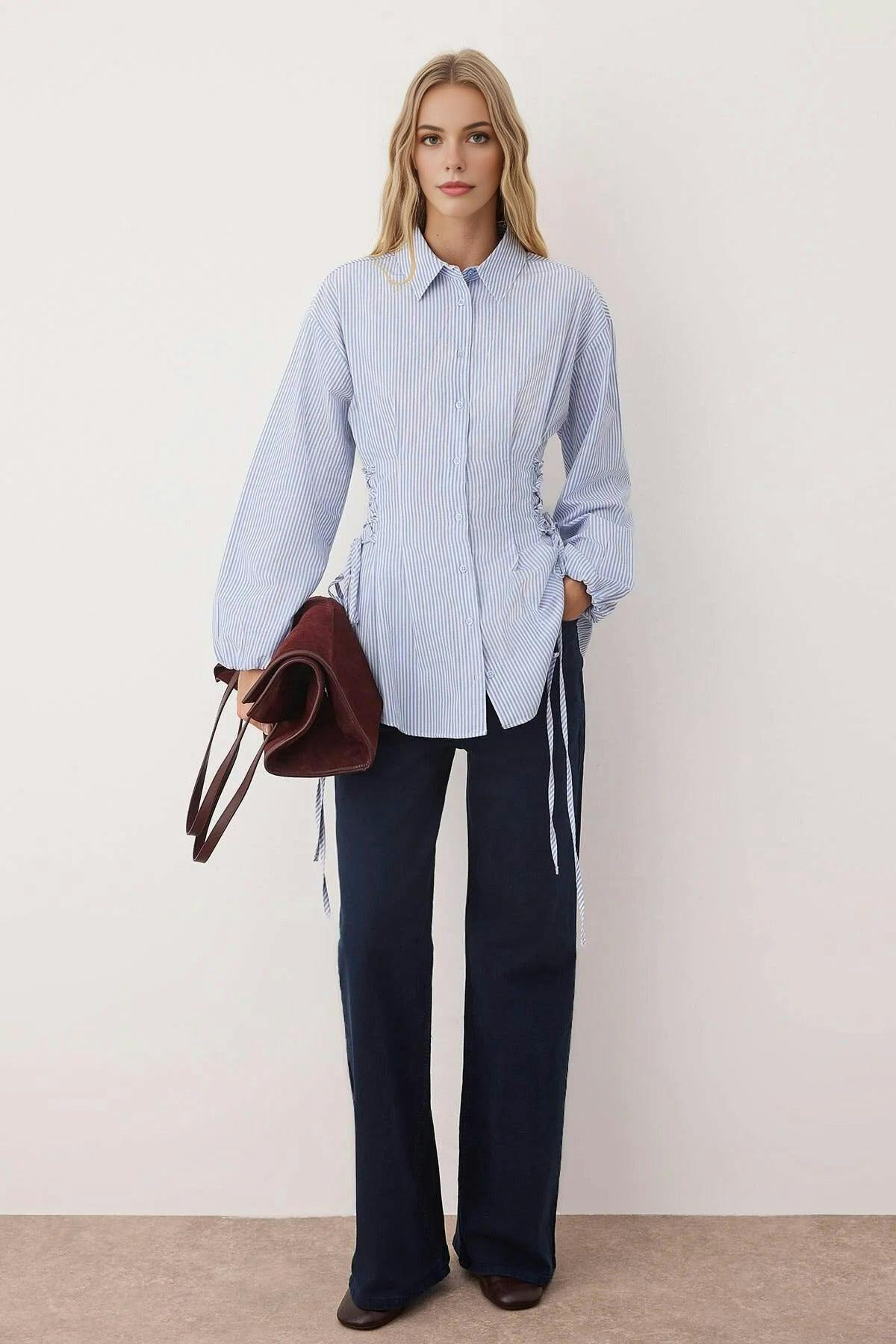 Wovcor Blue Woven Shirt With Waist Tie Detail - Stripe - 14