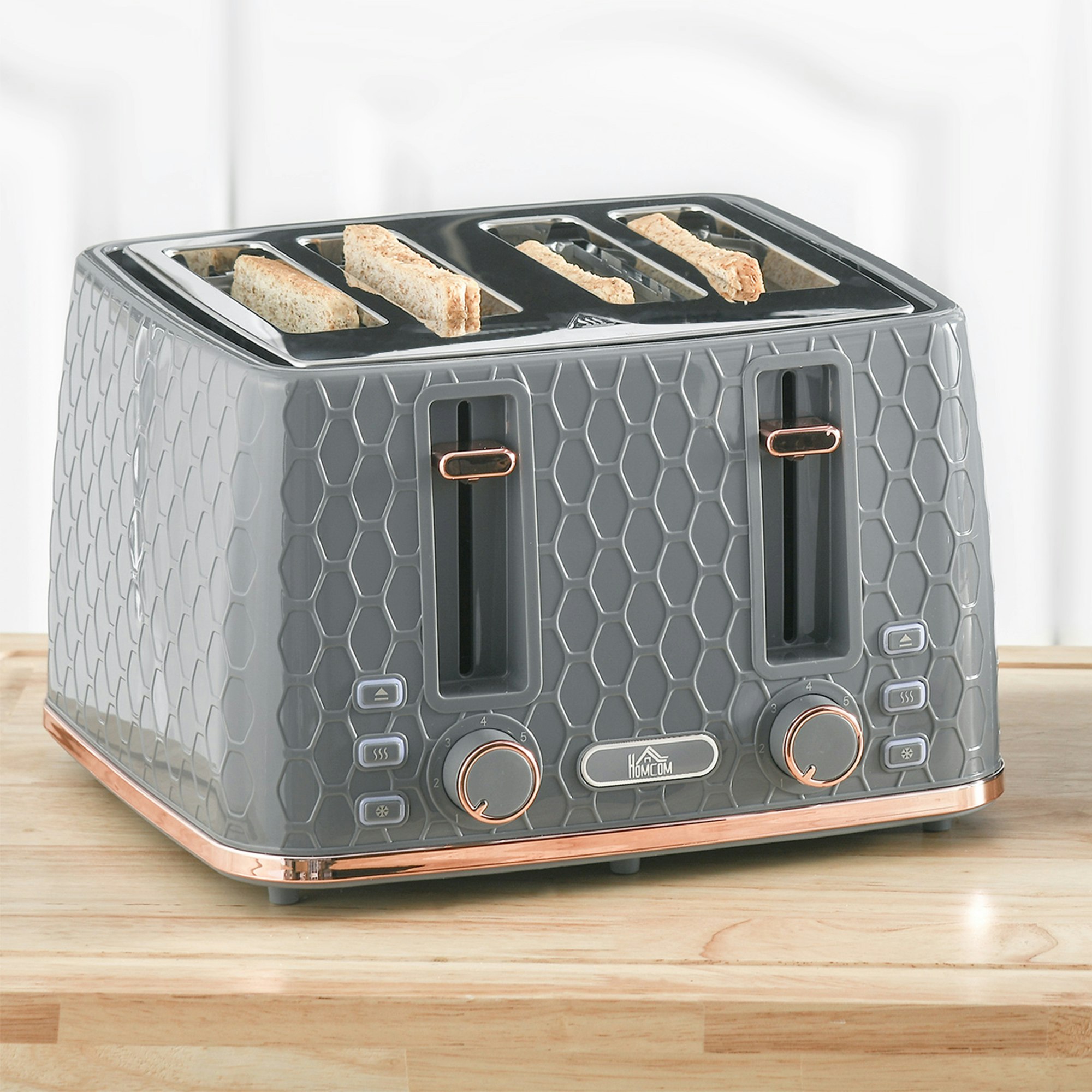 Homcom Grey Toaster With 4 Slot, 7 Browning Levels, 1600W Honeycomb - 29.3L X 27.6W X 18.9Hcm