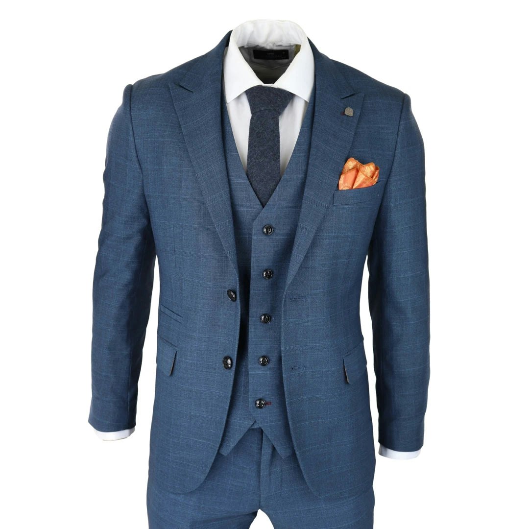 Paul Andrew Men's Blue/Light Viceroy - 3 Piece Prince Of Wales Check Suit Classic Modern - 42" Jacket 36" Trousers