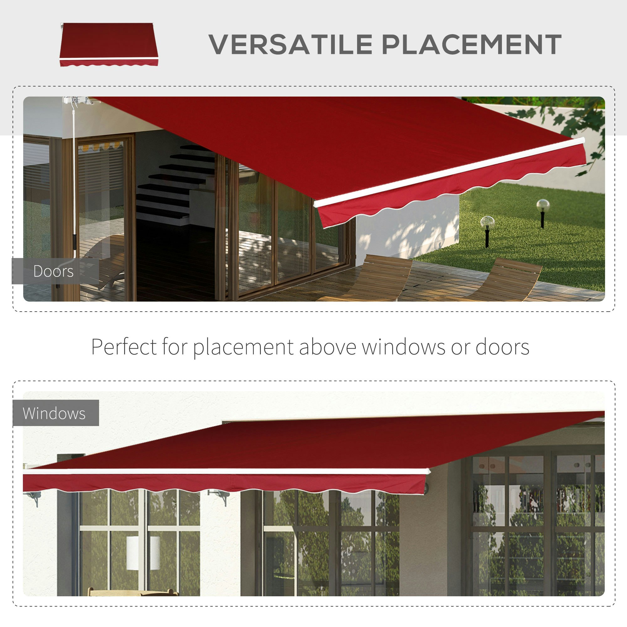 Rackhams Red 2.5M X 2M Garden Patio Manual Awning Canopy W/ Winding Handle - 250Cm X 200Cm X 160Cm