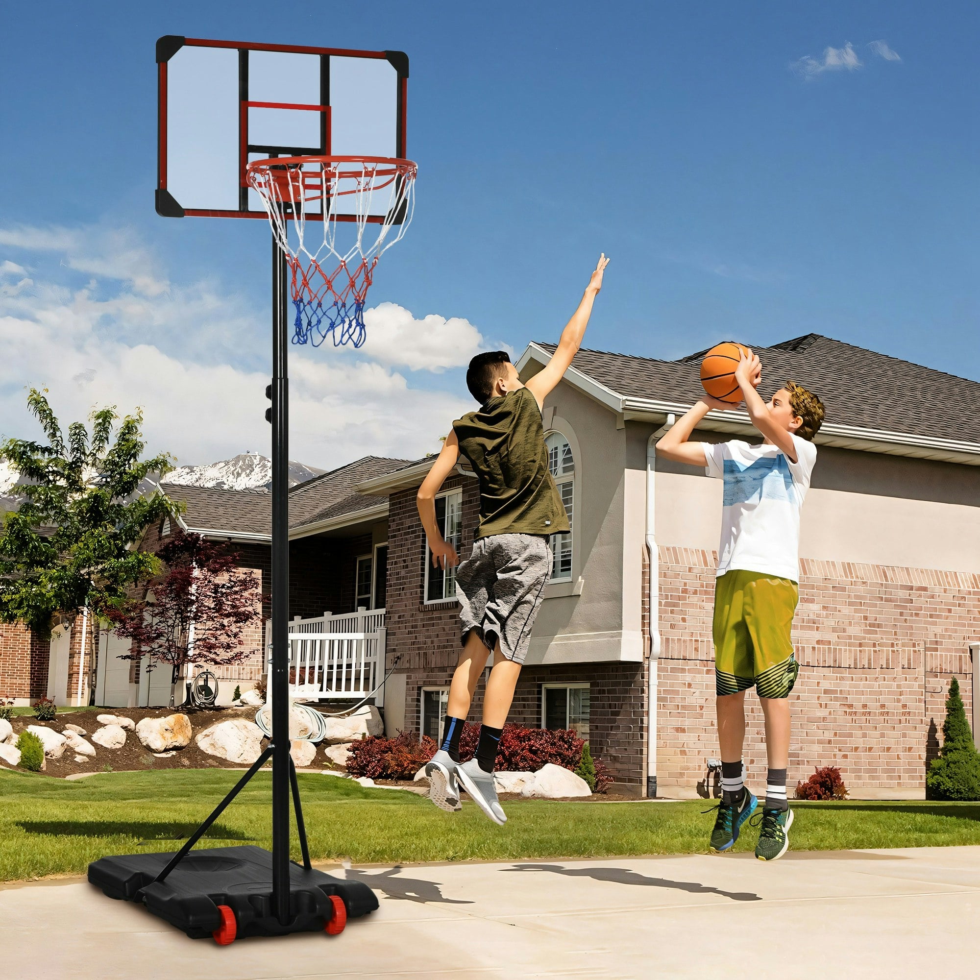 Sportnow Red Adjustable Basketball Hoop And Stand W/ Wheels, 1.8-2.1M,