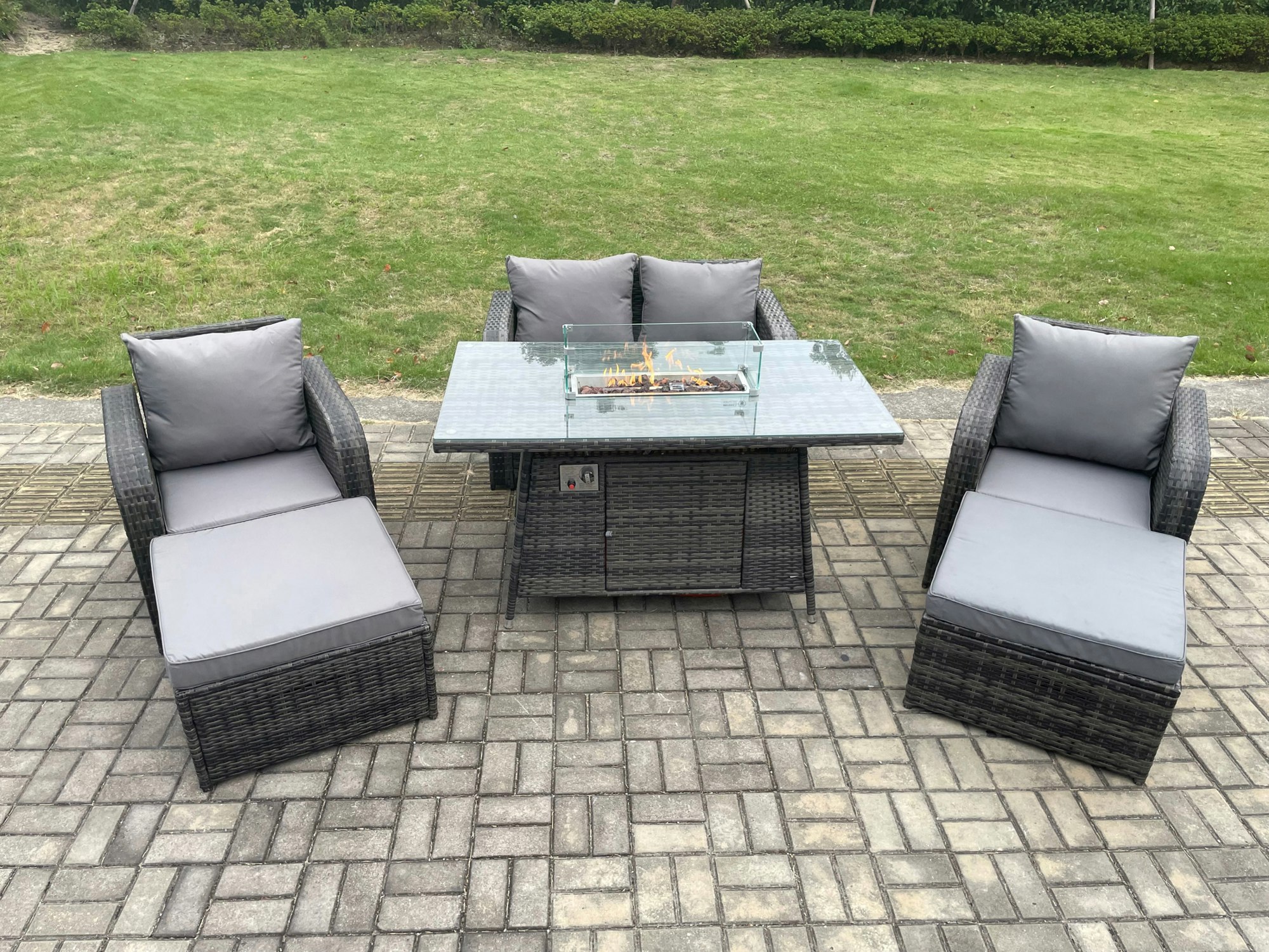 Rackhams Dark/Grey Rattan Outdoor Garden Furniture Sofa Set Gas Fire Pit Dining Table Gas Heater With Love Sofa 2 Big Footstool Mixed