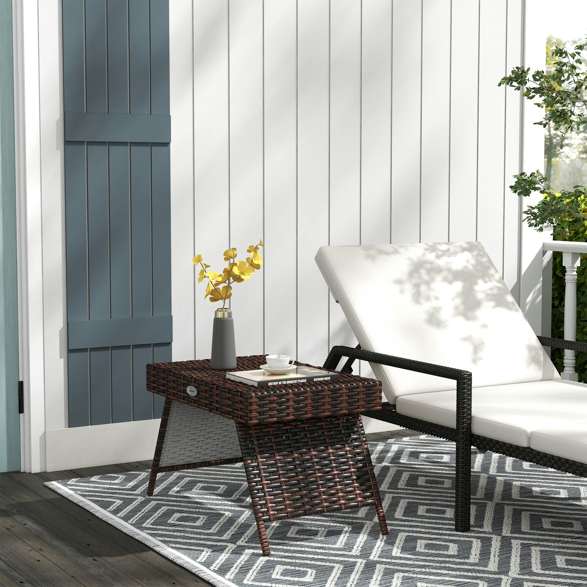 Outsunny Black/Brown Foldable Outdoor Coffee Table, Steel Frame Rattan Side Table,