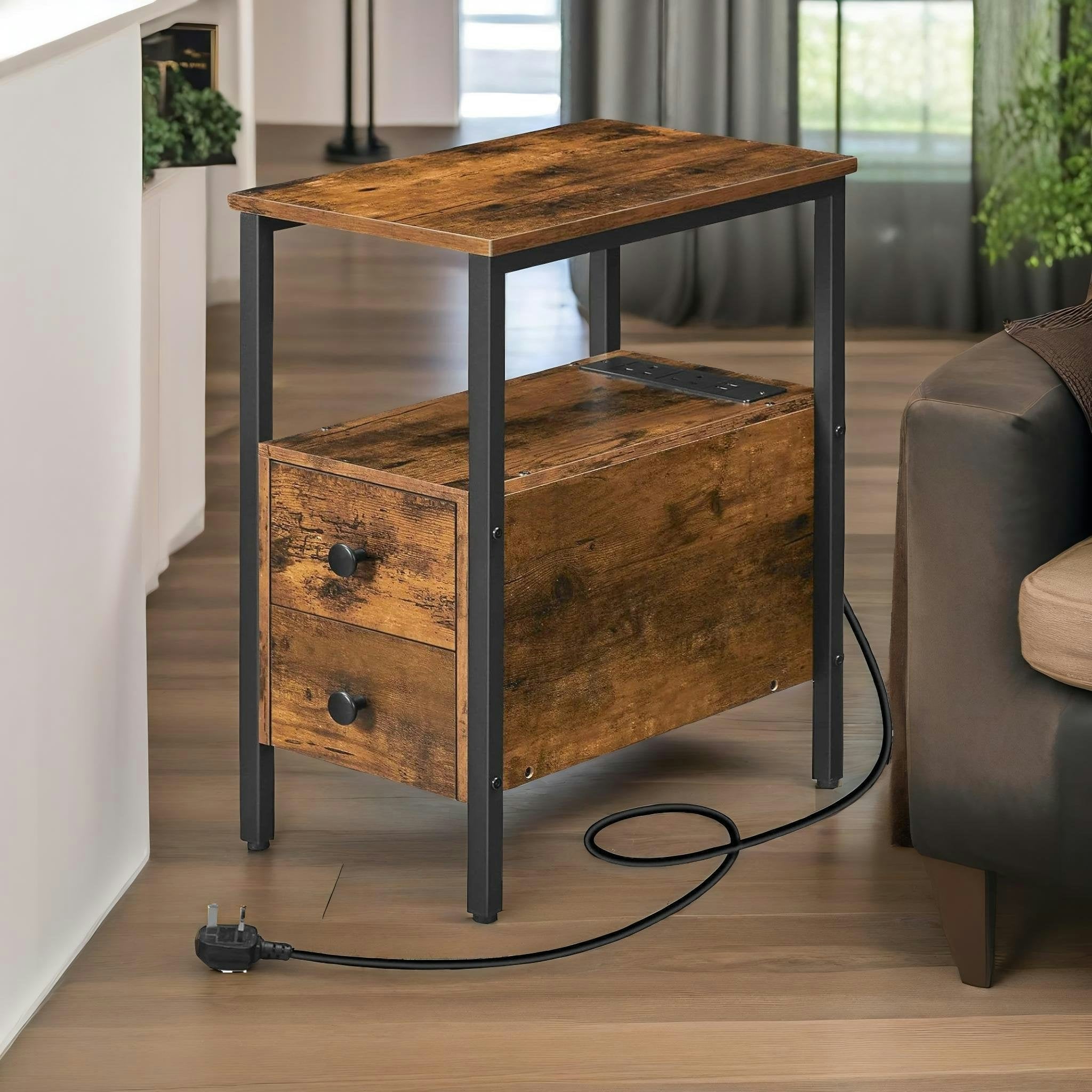 Rafaelo Mobilia Brown/Black/Green Bedside Table With Power Outlet & Usb Ports