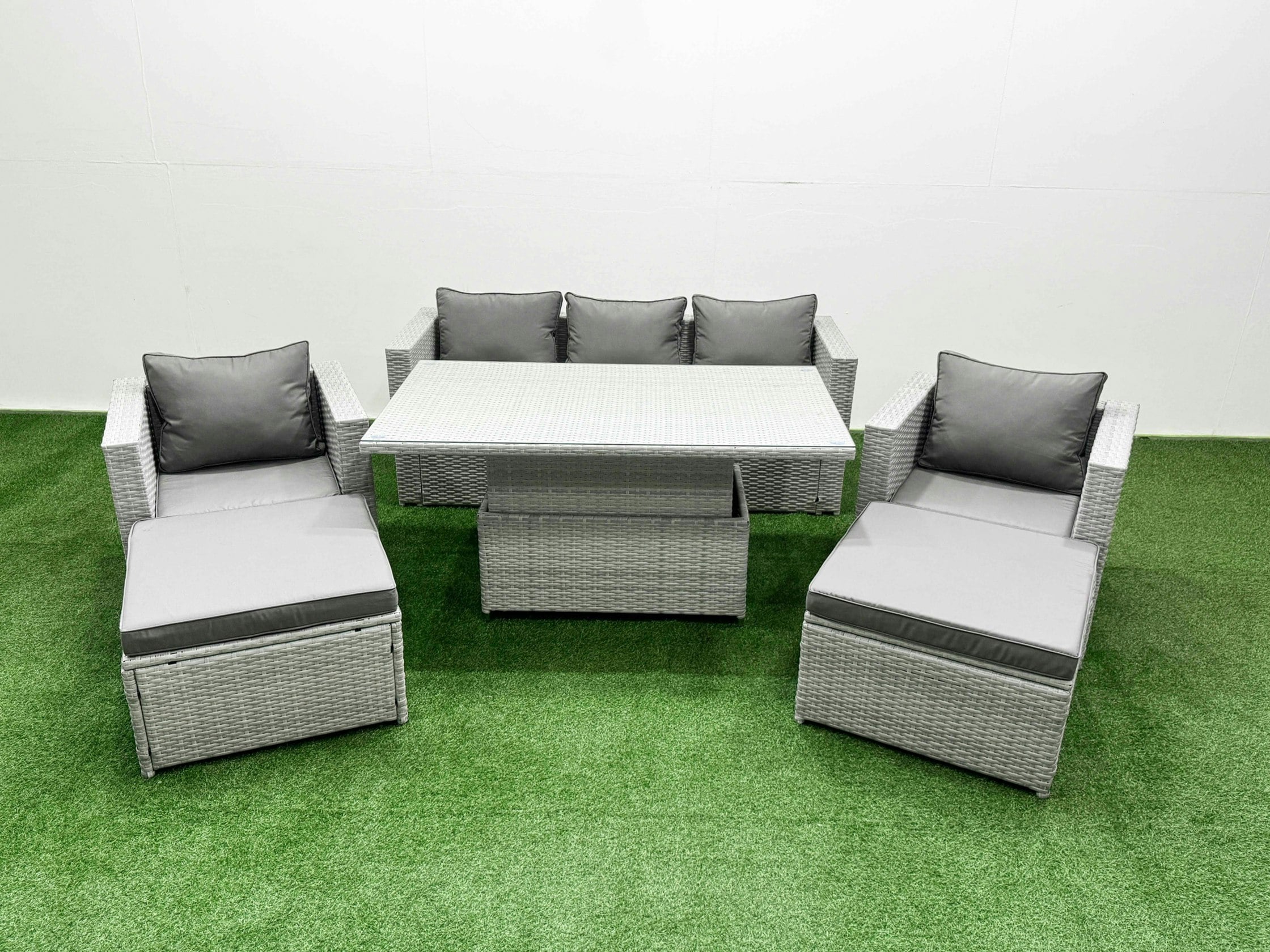 Rackhams Light/Grey 6 Pcs Rising Dining Table Set Rattan Furniture Set With 3 Seater Sofa Chair 2 Big Footstools