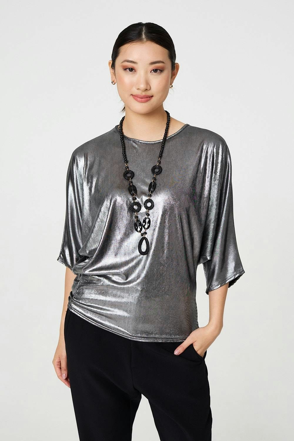 Izabel London Silver Metallic 3/4 Batwing Sleeve Top - M/L