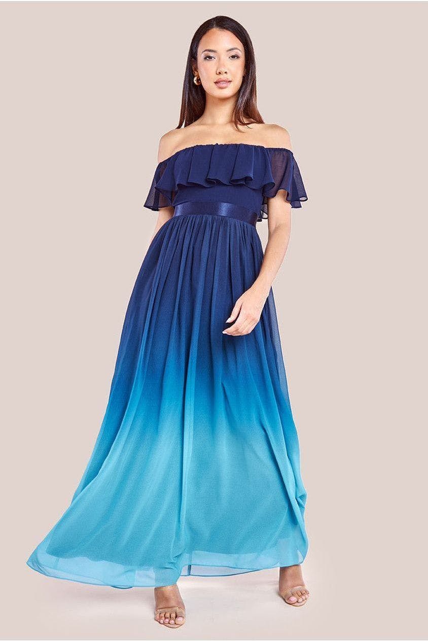 Goddiva Blue Ombre Chiffon Bardot Frill A-Line Maxi Dress - Navy Ombre By - Navy Ombre - 10