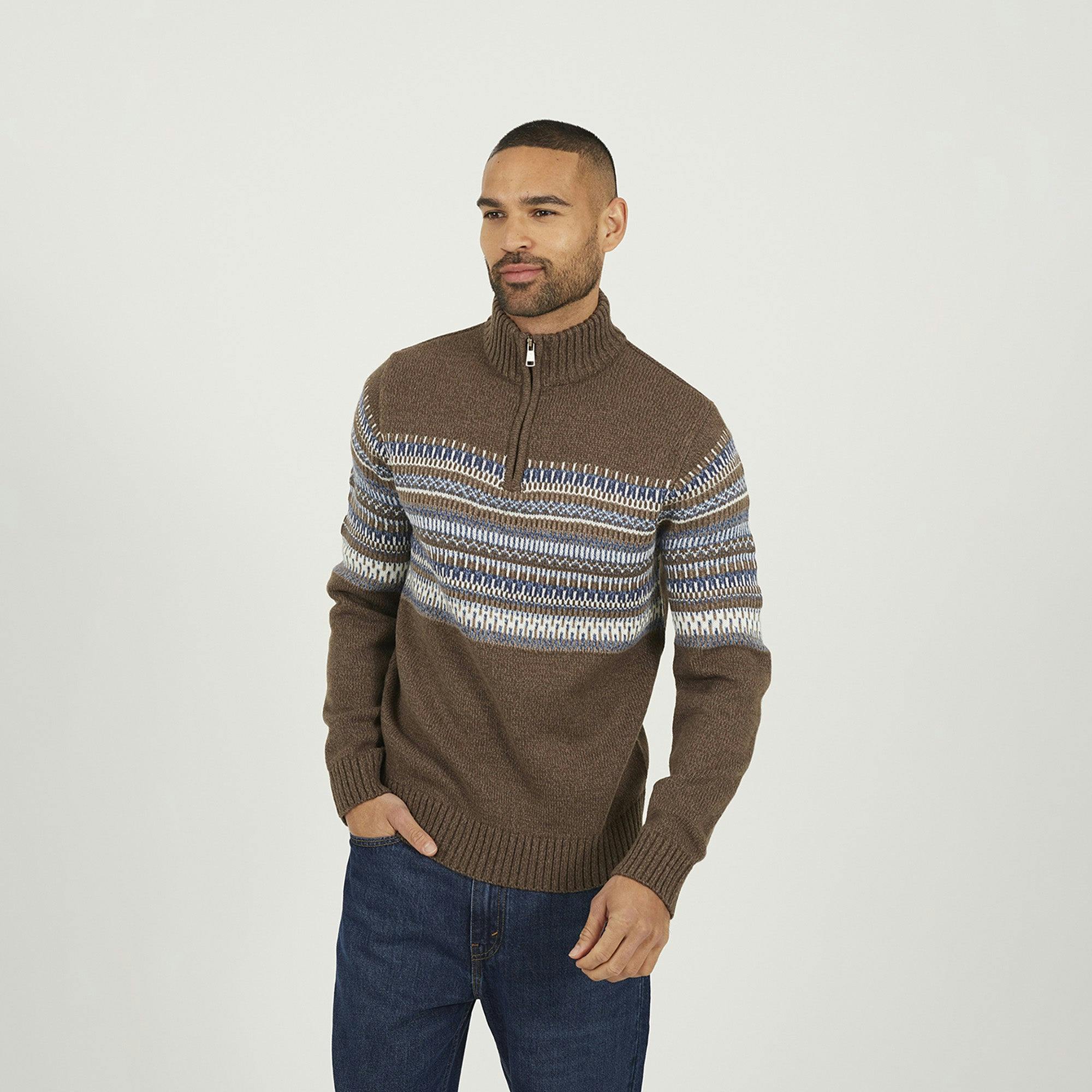 Brave Soul Brown Quarter Zip Fair Isle Jumper - S