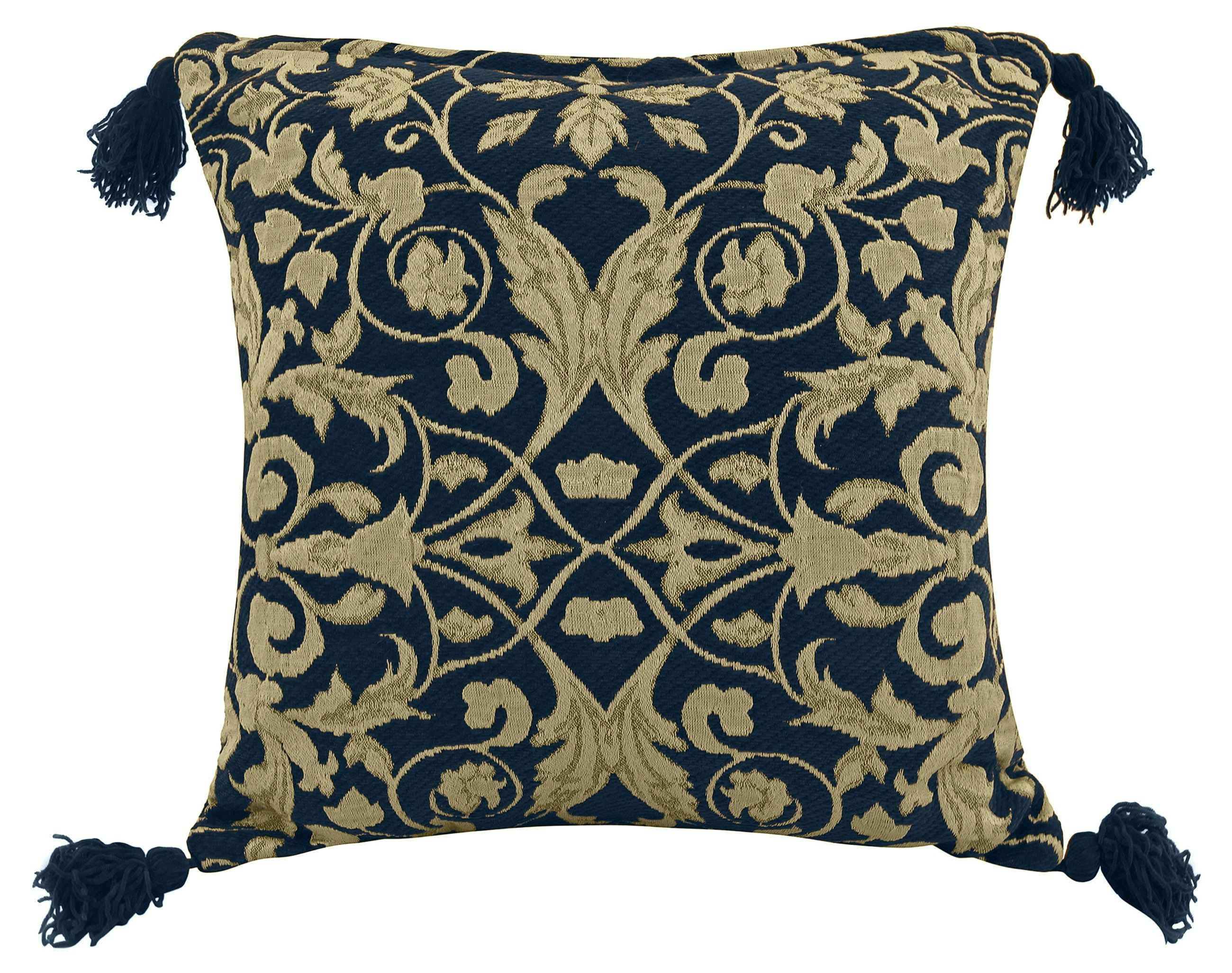 Rackhams Superior Jacquard Floral Tassle Corner Cushion - 56Cm X 56Cm - Navy