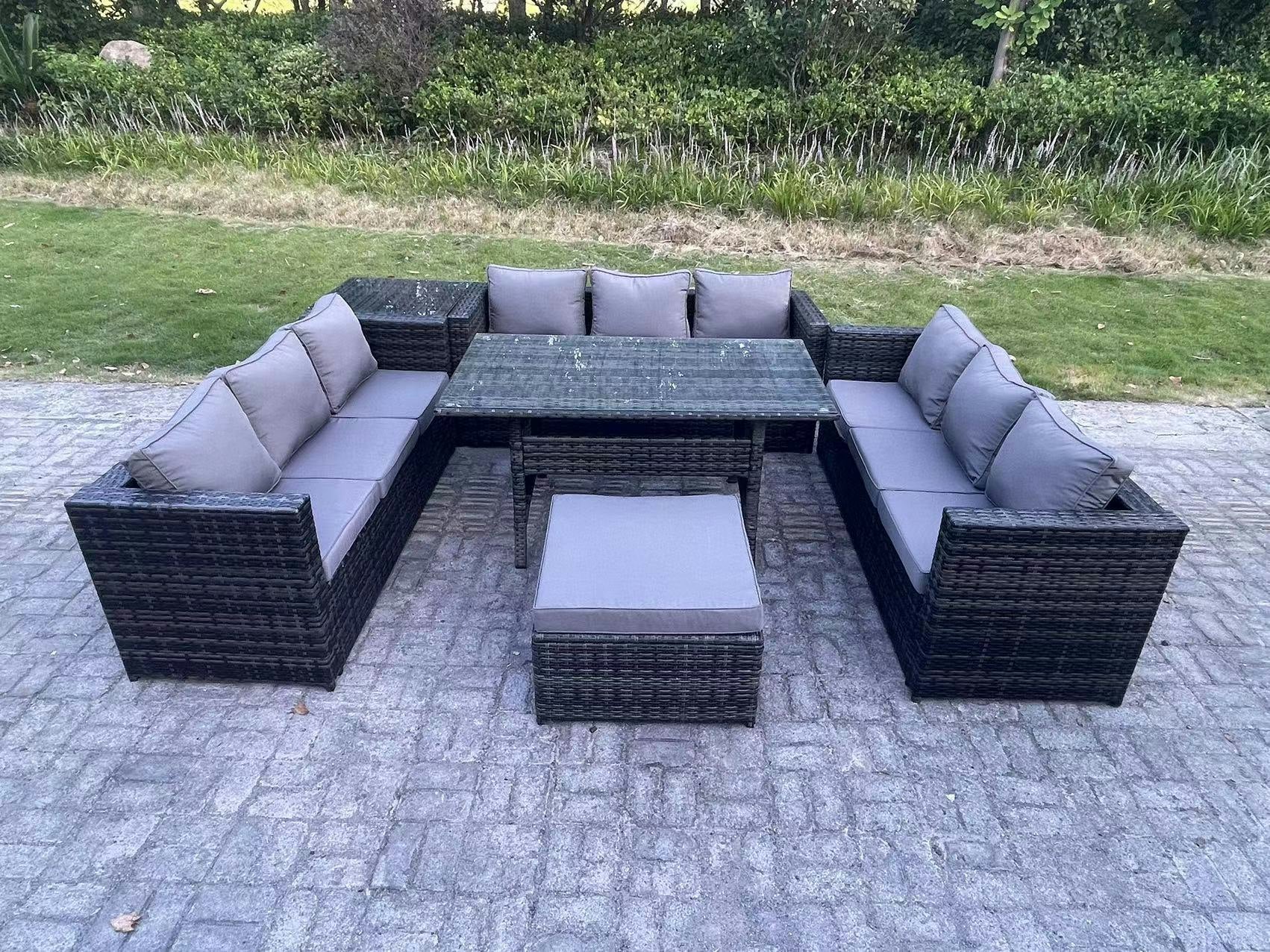 Rackhams Dark/Grey 10 Seater Outdoor Wicker Garden Furniture Rattan Lounge Sofa Set Patio Rectangular Dining Table With Big Footstool Side Table Mixed