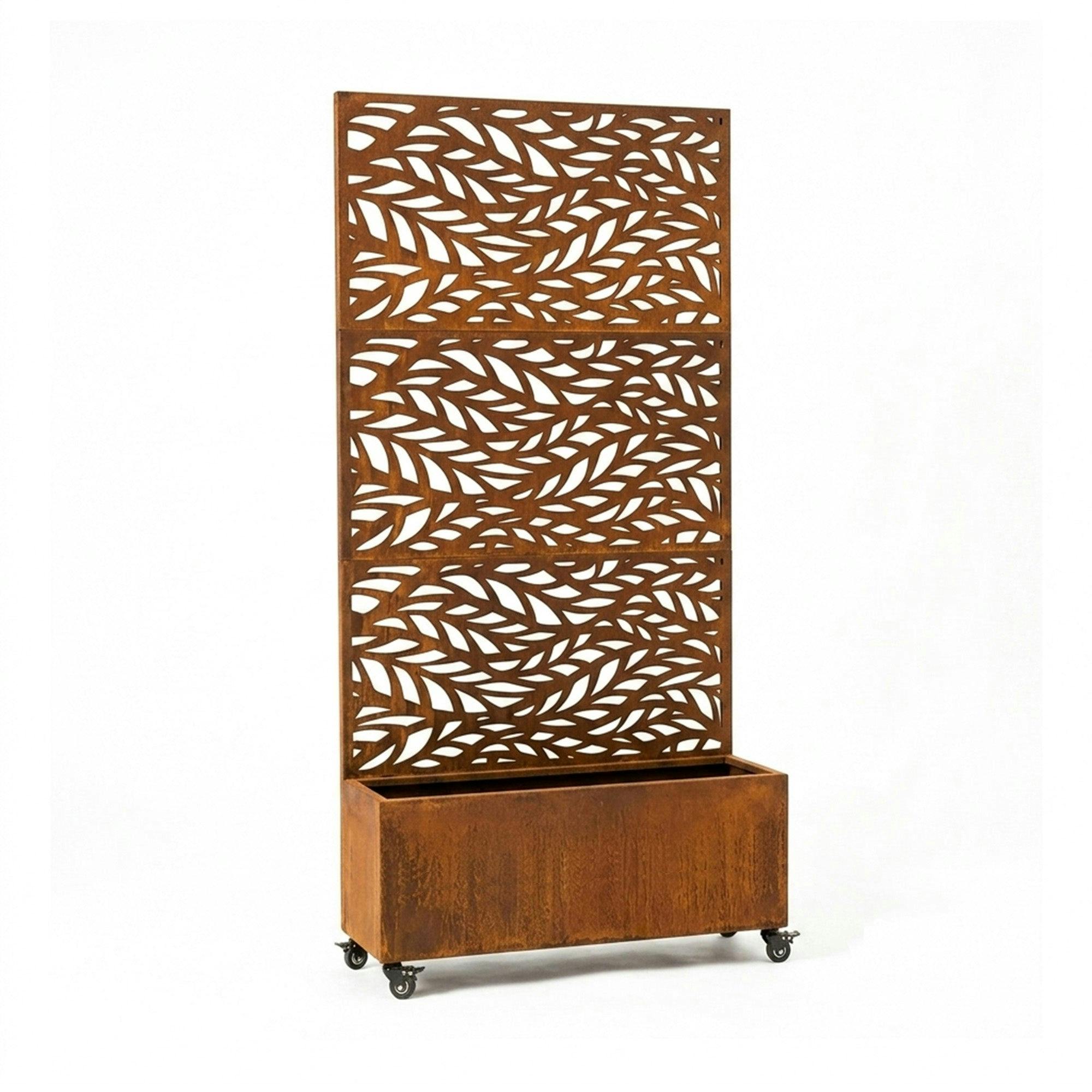 Rackhams Black/Anthracite/Grey Metal Indoor/Outdoor Privacy Screen With Plant Pot - Leaf - Rust