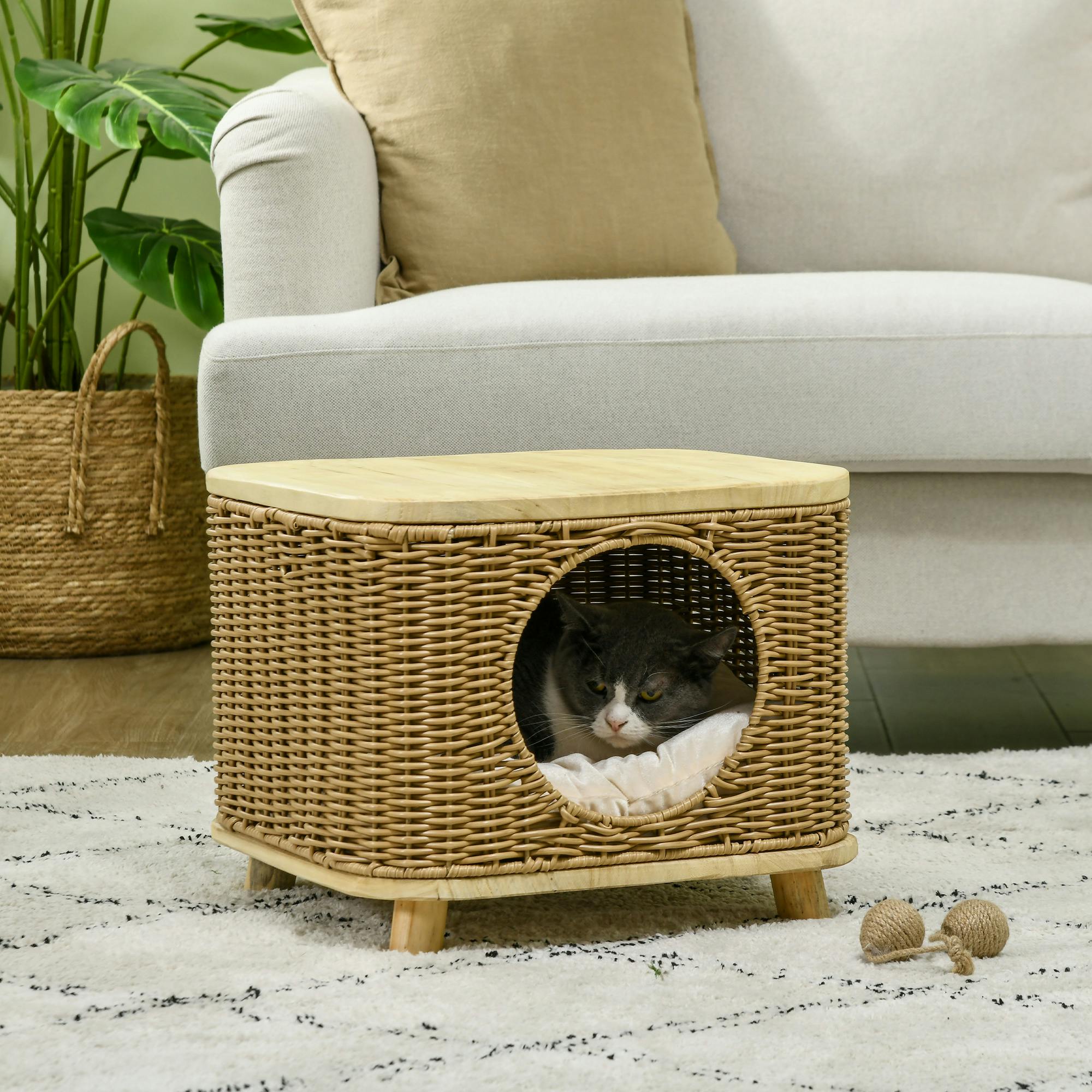 PawHut Elevated Design Wicker Cat House with Washable Cushion, Light Brown | Rattan Cat Bed Basket, Washable Soft Cushion, Door Hole - Image 3