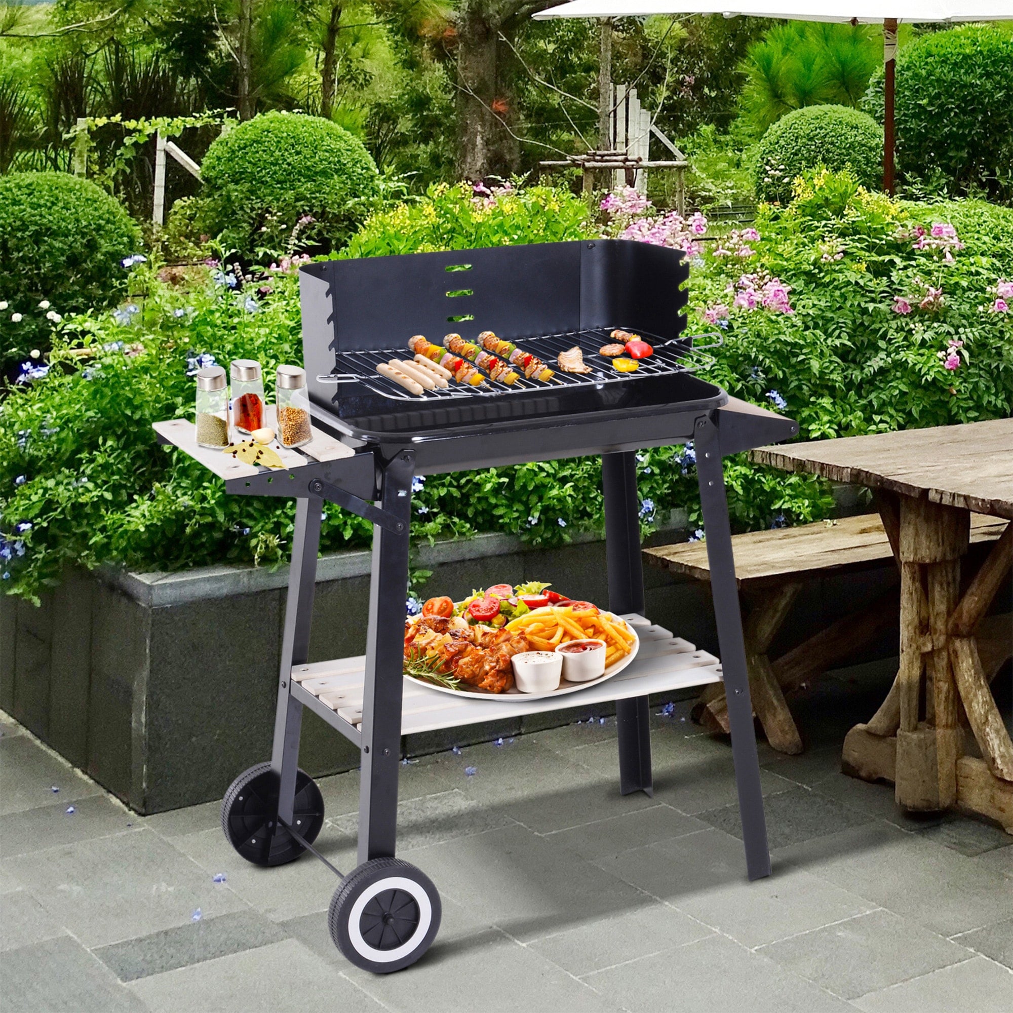 Rackhams Black Charcoal Bbq Grill Trolley Barbecue Patio Outdoor Garden Heating Smoker - Metal, Wood, Enamel - 83Cm X 37Cm X 87Cm