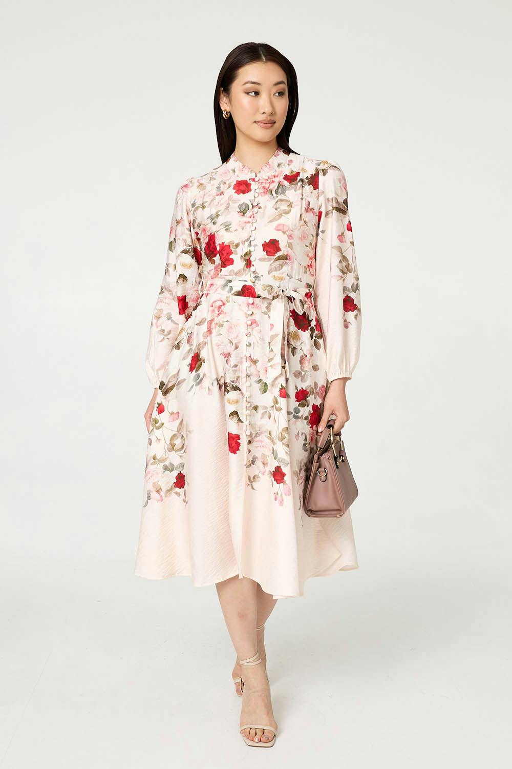Izabel London White Floral Tie Waist Long Sleeve Midi Dress - 8