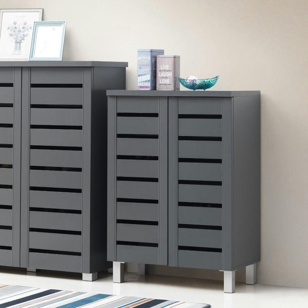 Rackhams Dark/Grey 4 Tier Shoe Storage Cabinet 2 Door Cupboard Stand Rack Unit