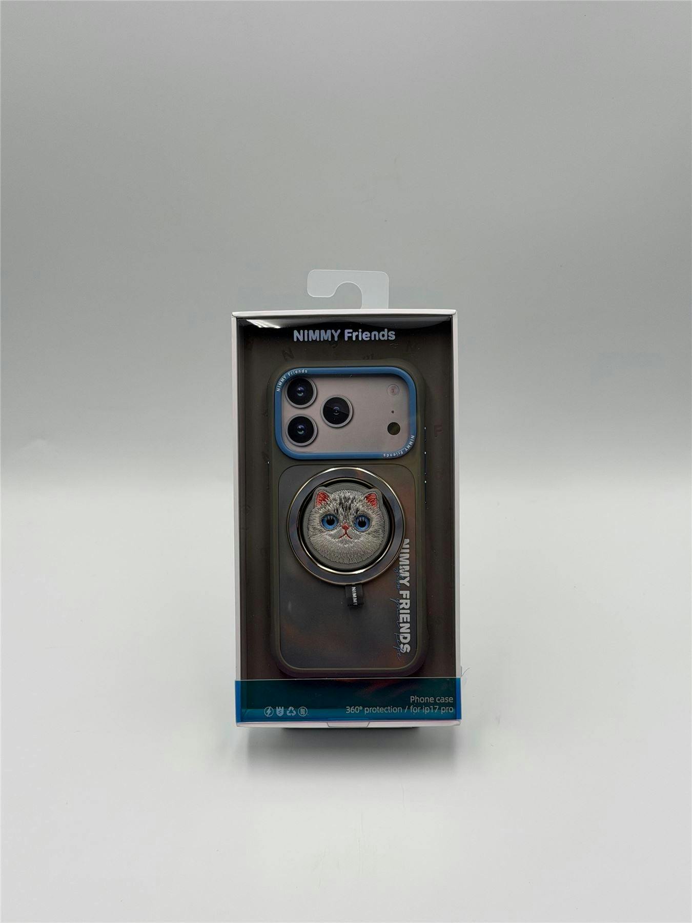 Nimmy Friends Silver/Grey/Blue Nimmy Big Eye Cute Pet Shaded Cat Face Case With Detachable Magsafe Grip For Iphone 17 Pro 6.3"
