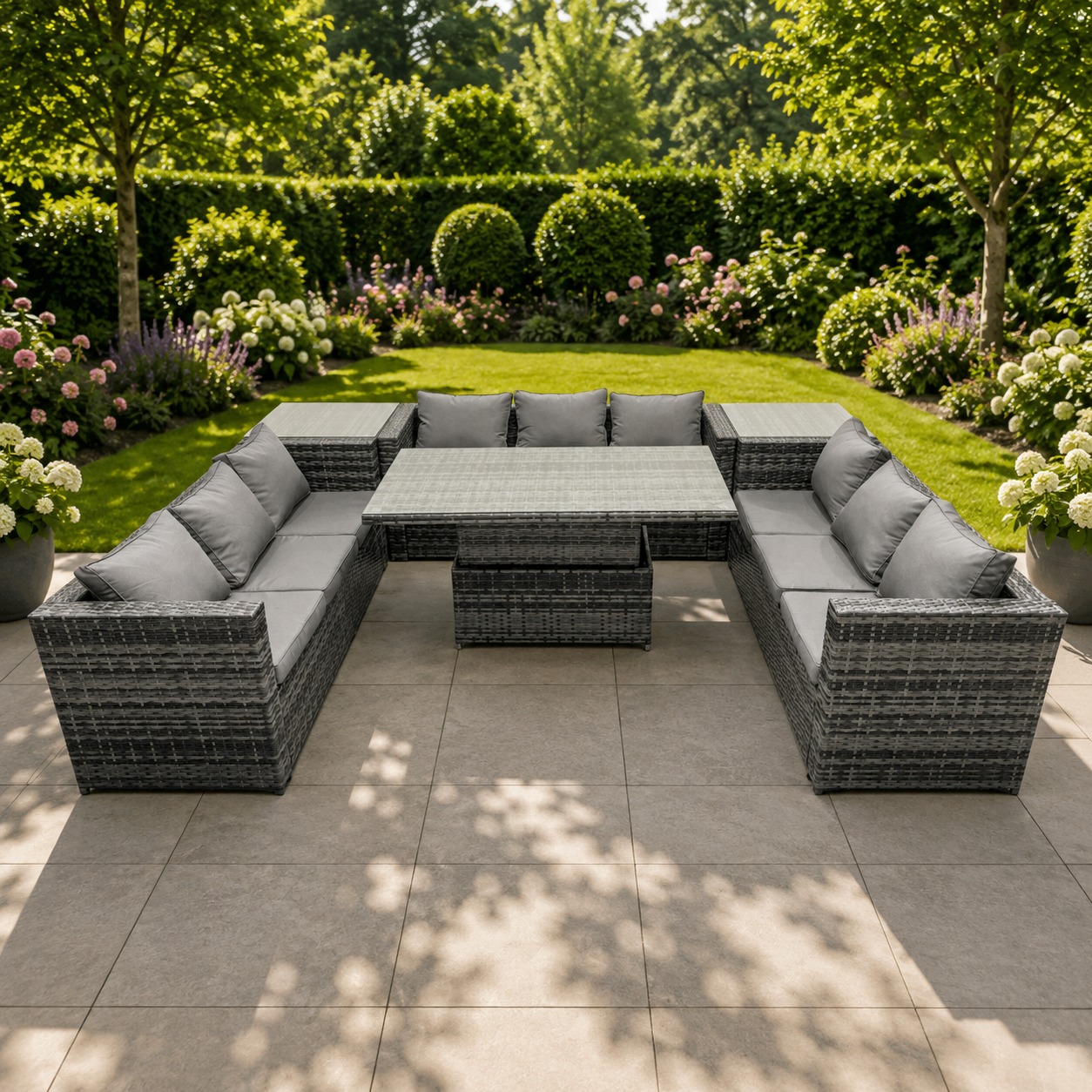 Fimous Dark/Grey U Shape Rattan Gardern Furniture Dining Sofa Set Adjustable Rising Dining Table With 2 Side Coffee Table