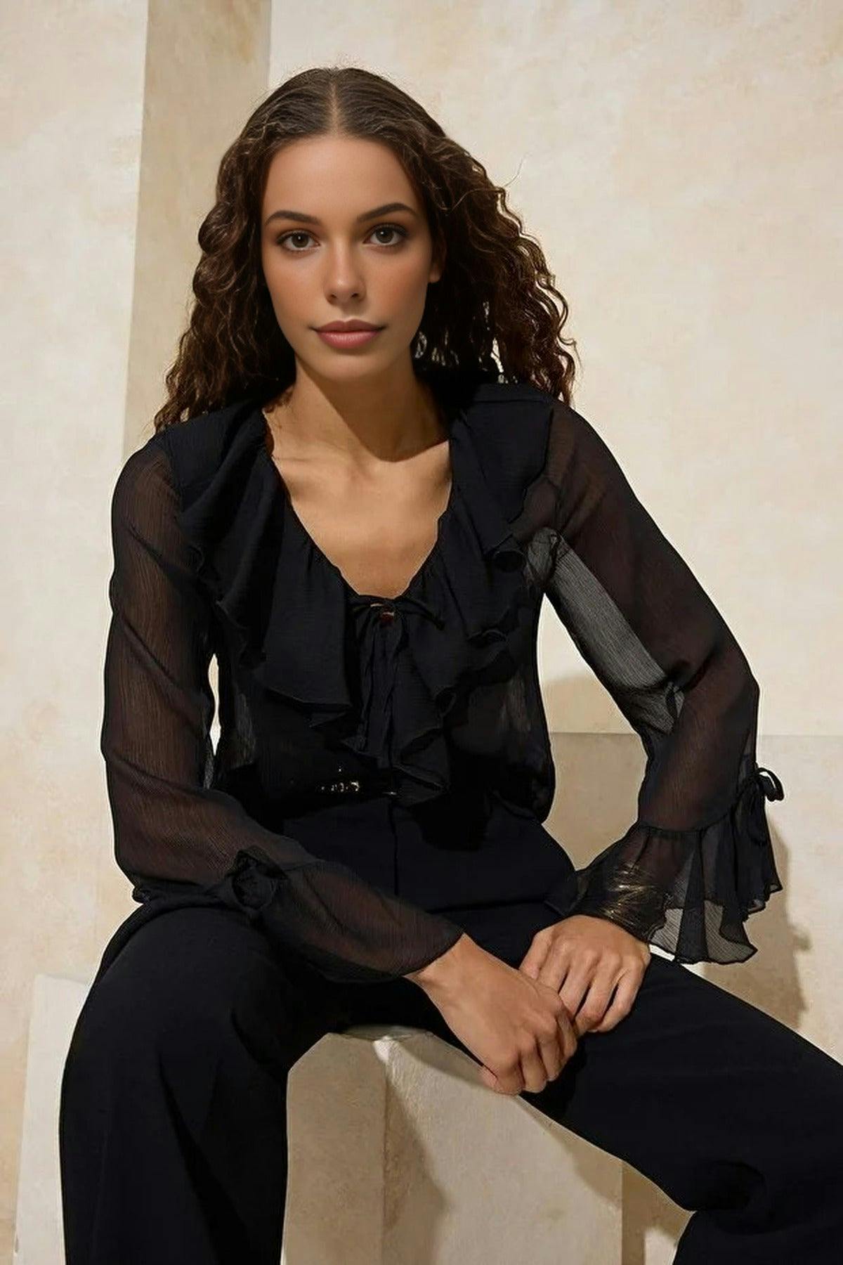 Wovcor Black Ruffled Detail Transparent Chiffon Woven Blouse - 6