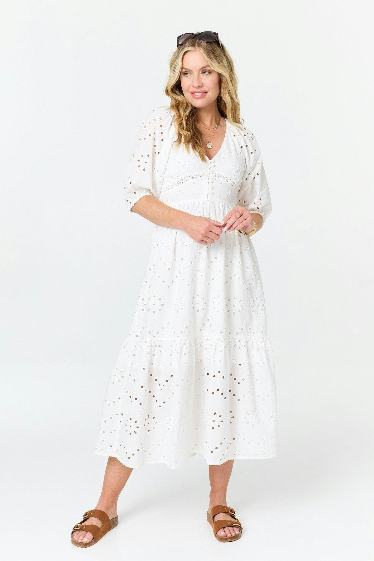 Izabel London White Broderie Anglaise 1/2 Sleeve Midi Dress - 8