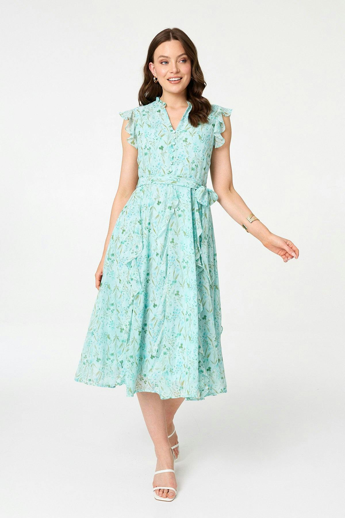 Izabel London Green Floral Tie Waist Frilled Midi Dress - 12