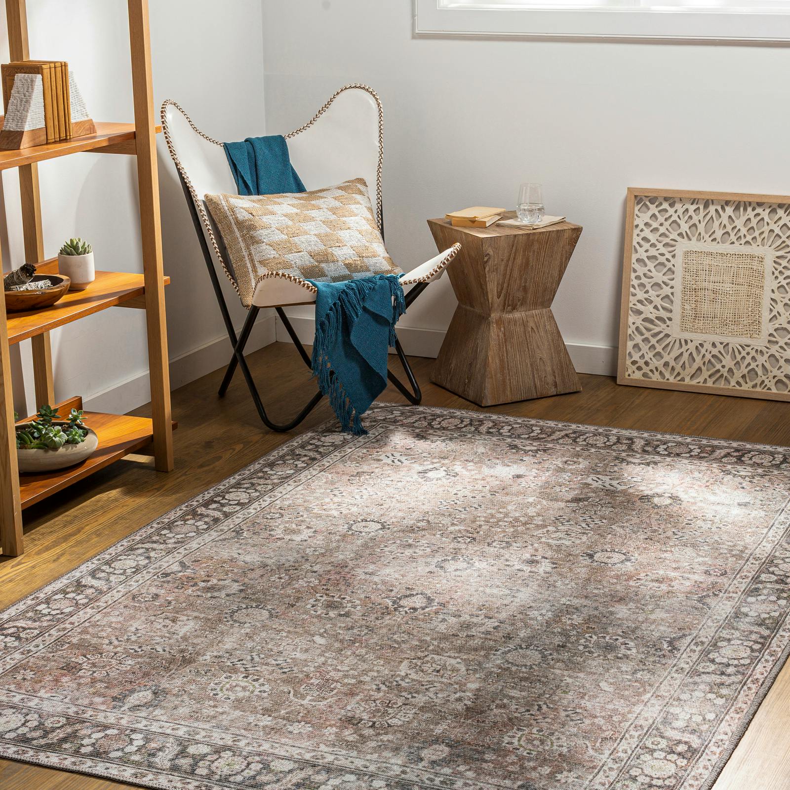 Photos - Area Rug Rackhams Colin-Washable Brown Orange Grey Traditionnal Vintage Boho Rug - 160 x 220 cm